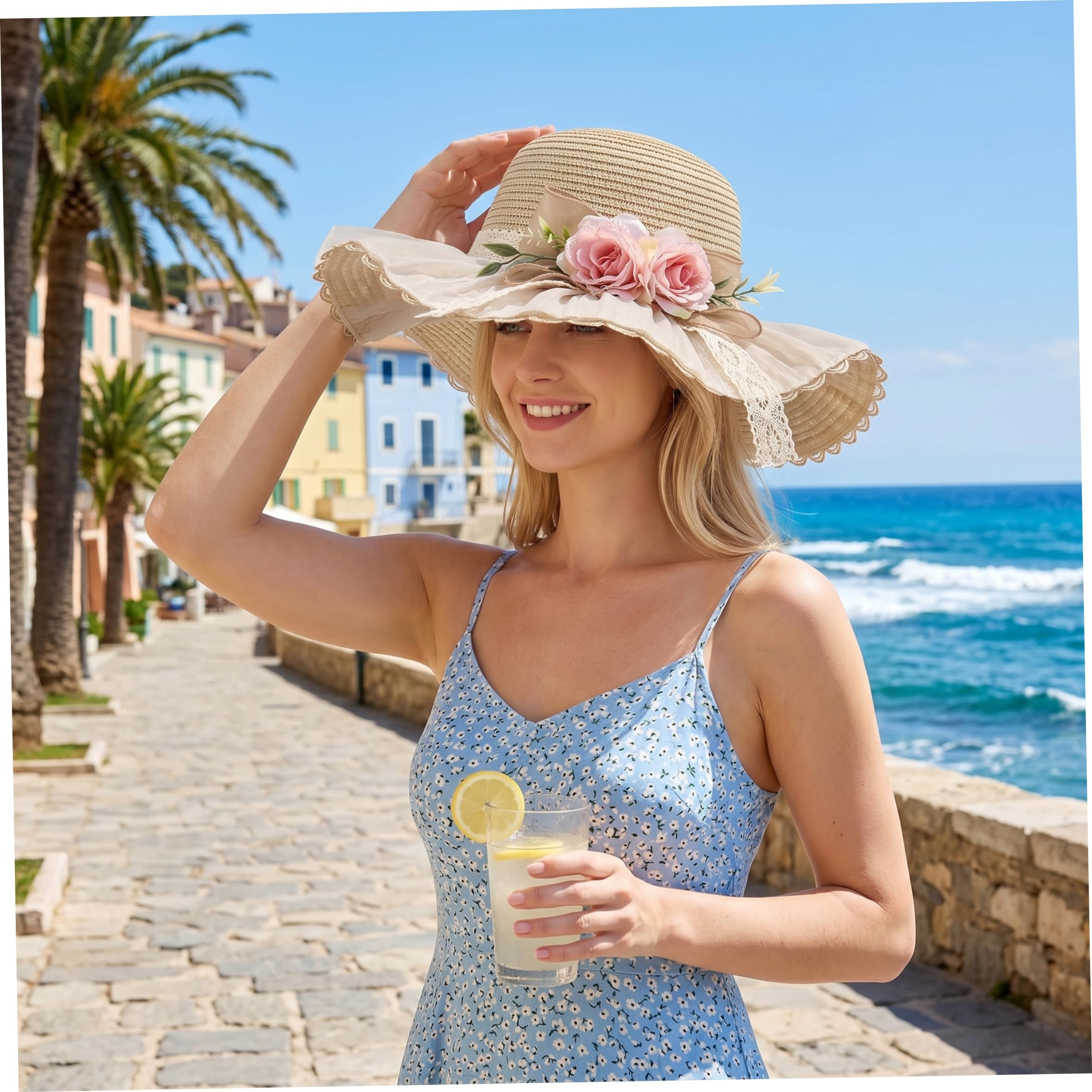 Cappello di Paglia da Donna, Cappello da Sole in Paglia, Completo da Spiaggia Vintage da Donna con Finiture in Pizzo e Fiori, Elegante per Viaggi, Spiaggia, Esterno, Beige