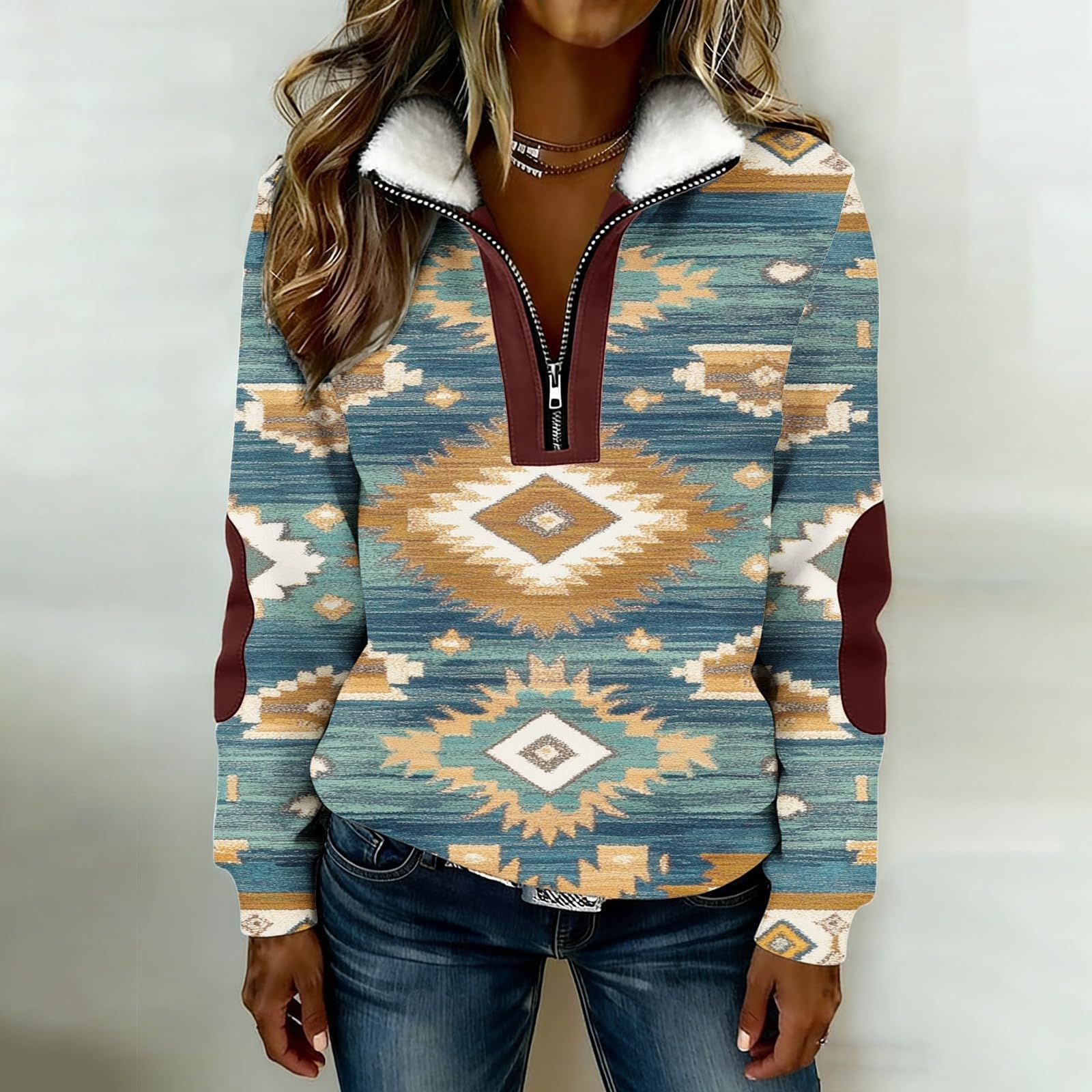 Sudadera Estilo Azteca Occidental con Cremallera Completa, sin Capucha, de Manga Larga, Estilo Informal, para Mujer