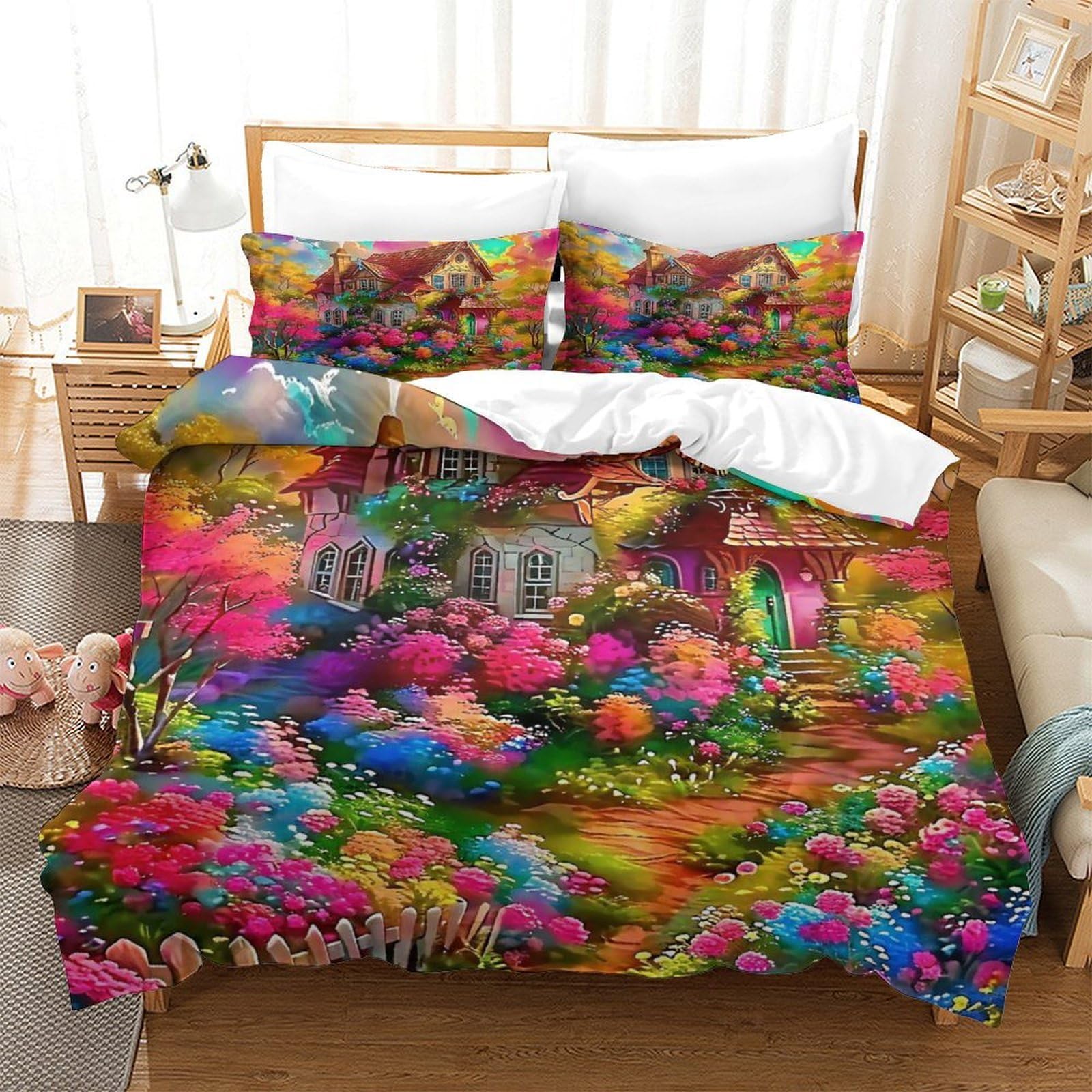 Housse de couette zippée paysages ruraux anti-glissement lit Super King