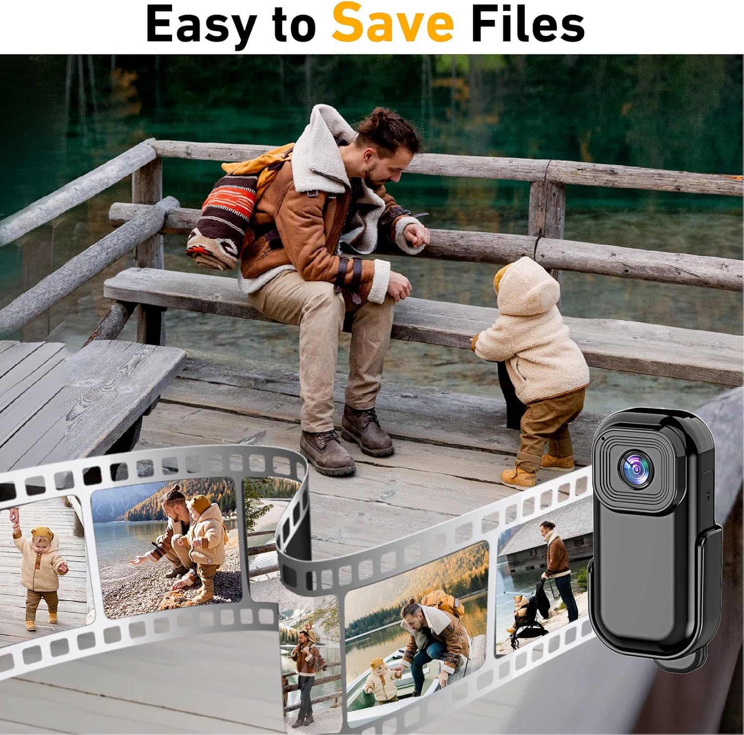 Diyeeni Mini Action Camera with a filmstrip showing various captured images, illustrating easy file saving.