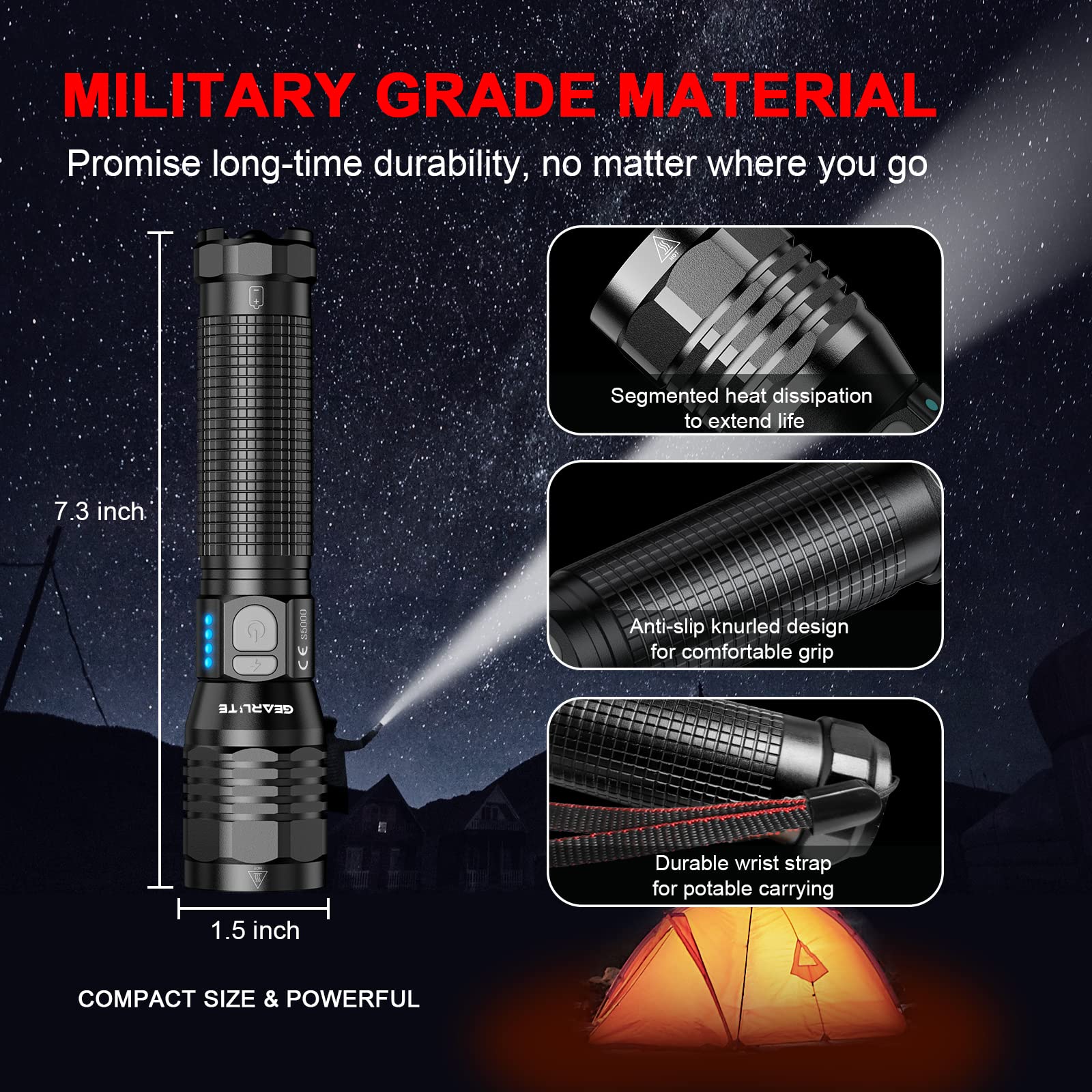 Torcia LED Ultra Potente 10000 Lumen, Torcia Militare Tattica Ricaricabile USB 5 Modalità IPX4 Impermeabile, Batteria Inclusa | Leroy Merlin