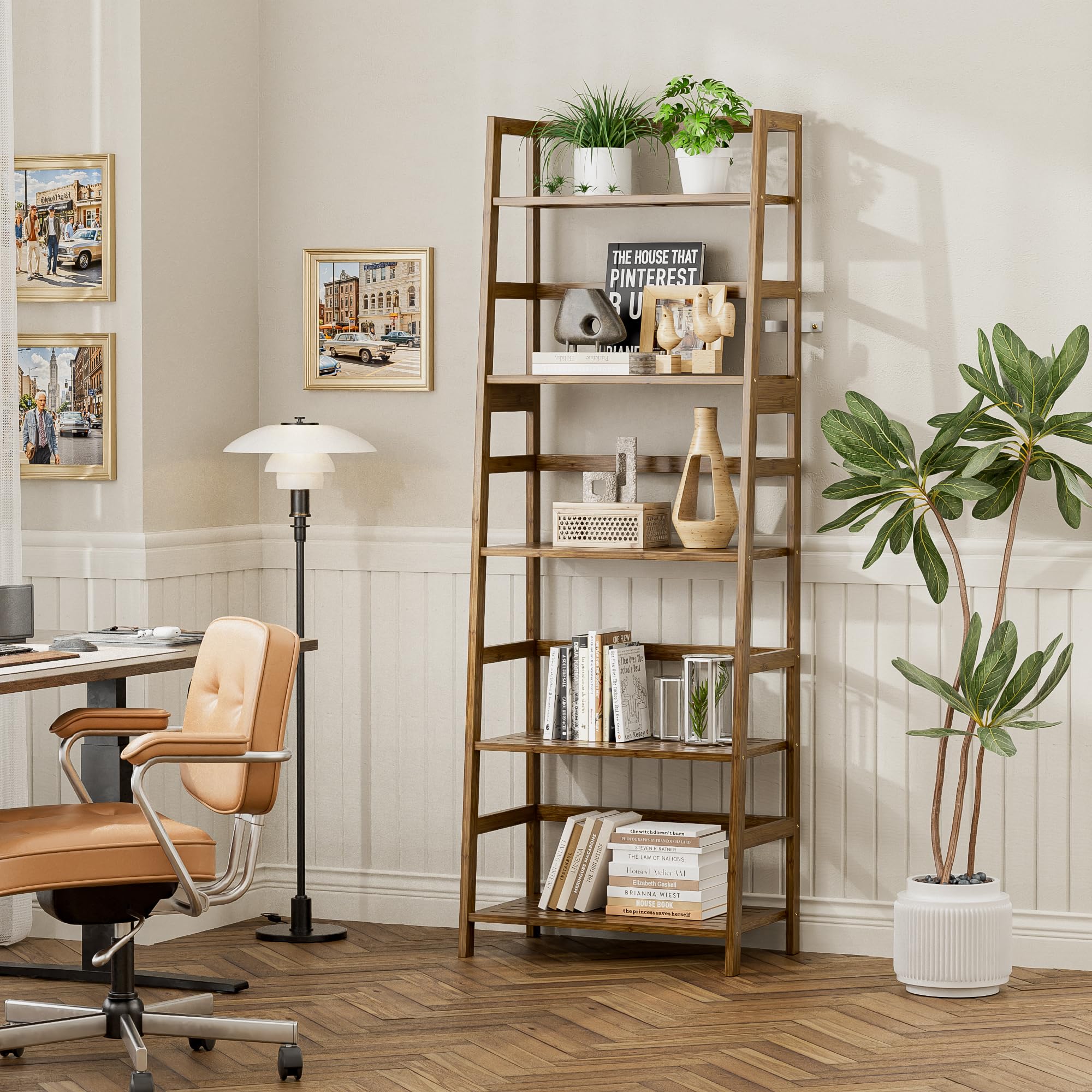 Scaffale A Scala In Bambù 5 Ripiani - Libreria Moderna Per Soggiorno, Ufficio E Camera - Foto 7