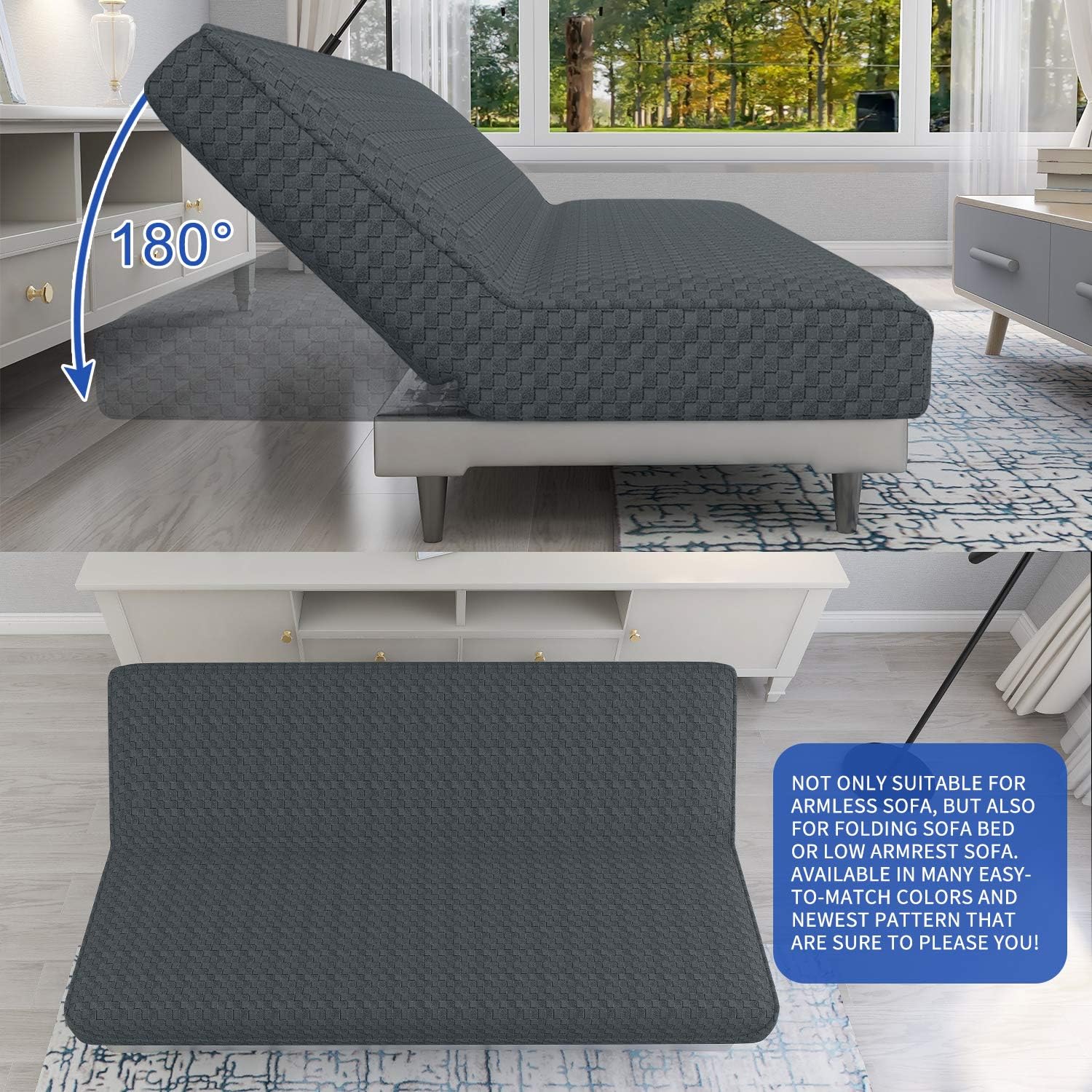 MAXIJIN Jacquard Futon Cover Stretch Armless Futon Sofa Cover Soft Futon Slipcover with Elastic Bottom Thick Sofa Bed Furniture Protector Covers, Machine Washable (Dark Gray)