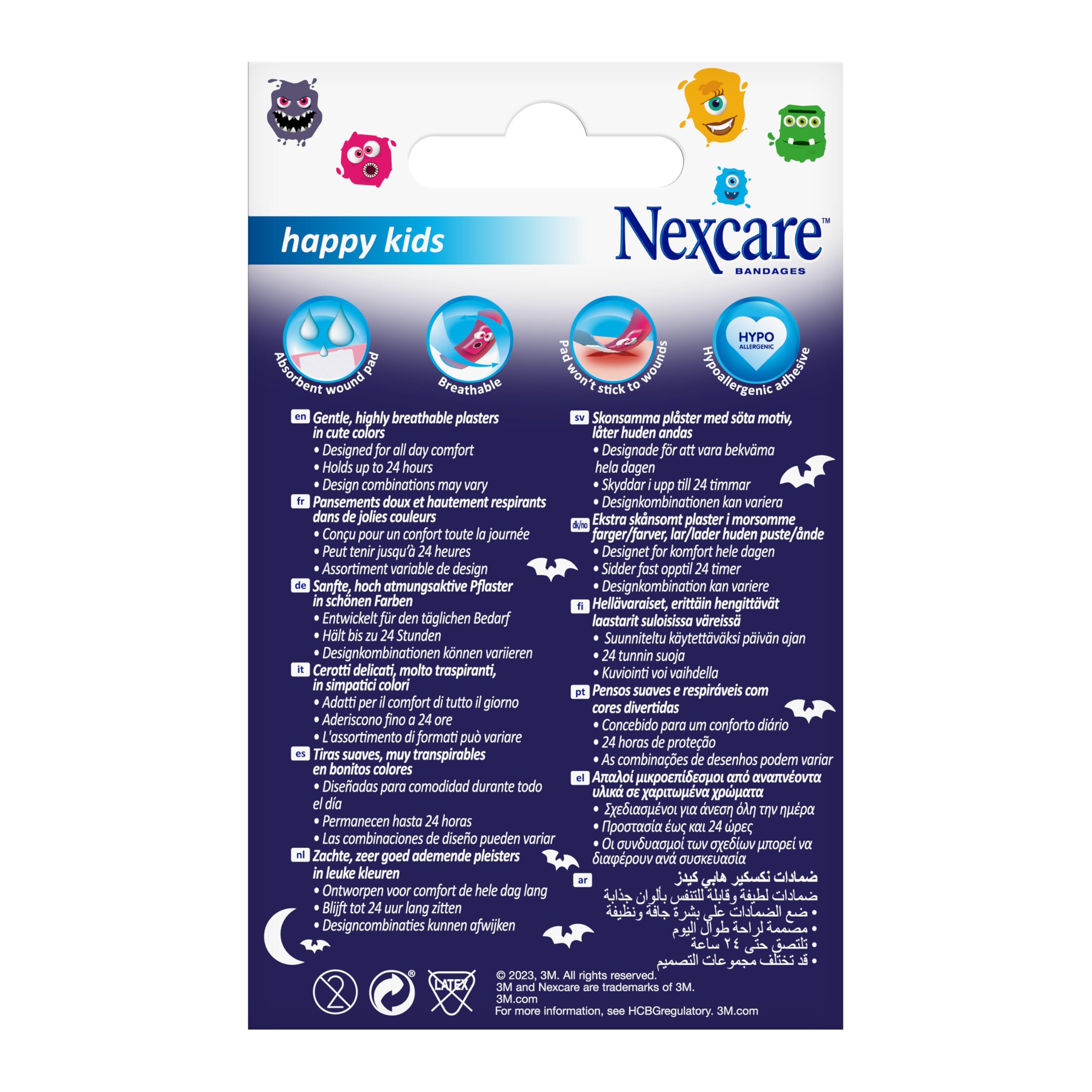 Nexcare Monsters Kids Plasters Assorted by 3M Pack of 20, Playful Friendly-Monster Design Bandages that Make Boo-Boos Brave, Gentle Flexible Plasters in Assorted Sizes for Children's Cuts & Grazes