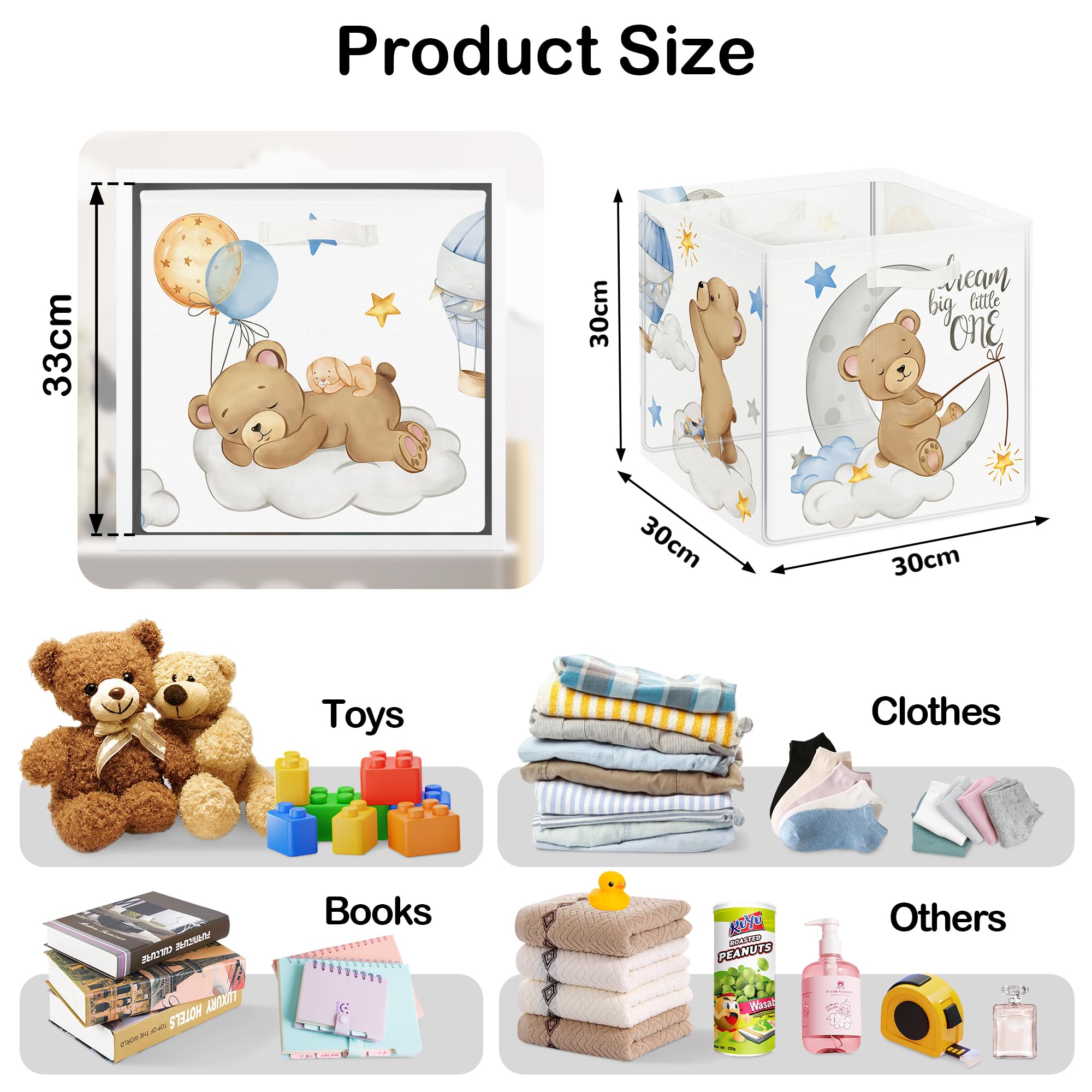 HUUMONSS 11.8" Sleeping Animals Storage Cube Organizer Set 3Pcs Clothes Storage Basket Bin for Closet Shelf Bear Stars Balloon Nursery Kid Room Book Toy Chest - Image 2