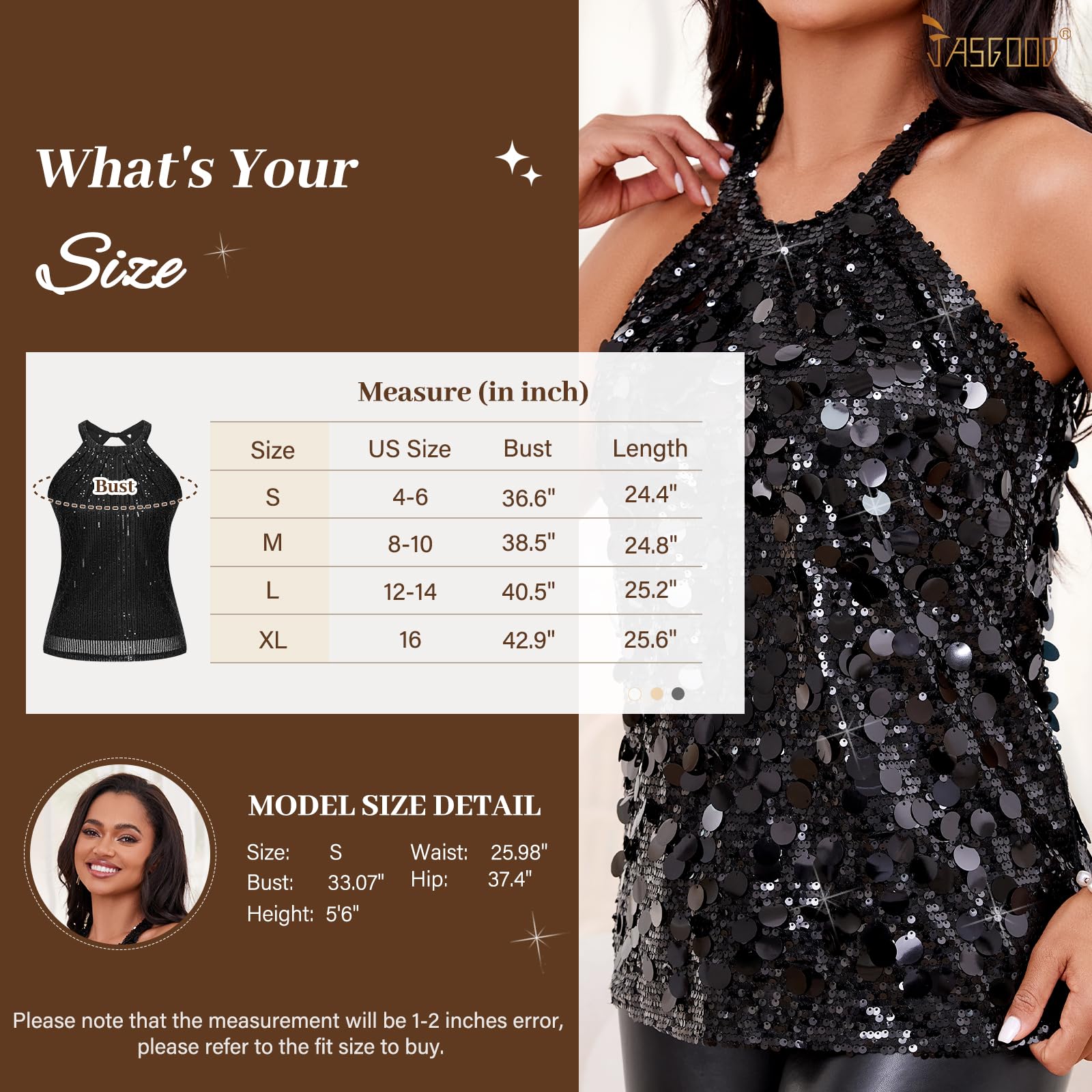 JASGOOD Top da donna con paillettes Halter Top scintillante elegante canotte per feste gilet glitter senza maniche camicia