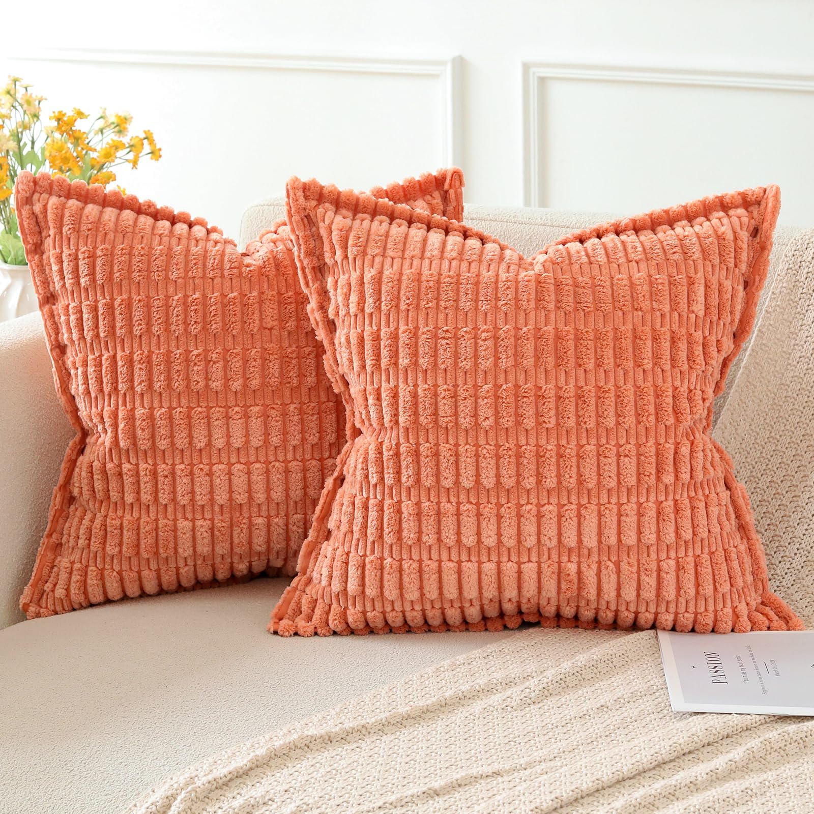 Artscope Coral Cushion Covers Set of 2 Corduroy Decorative Square Striped Pillowcase with Stitched Edge Pillow Covers 55x55cm for Home Decor Sofa Bedroom Car