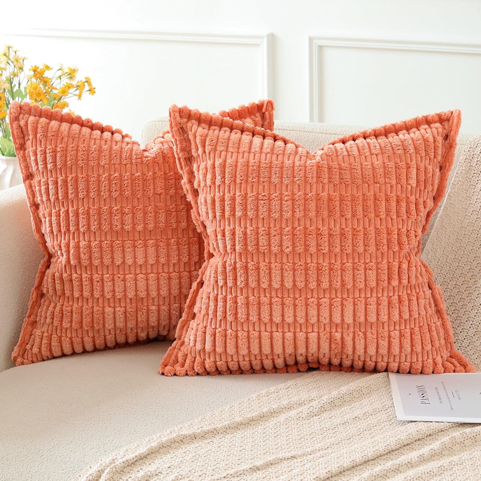 Artscope Coral Cushion Covers Set of 2 Corduroy Decorative Square Striped Pillowcase with Stitched Edge Pillow Covers 55x55cm for Home Decor Sofa Bedroom Car