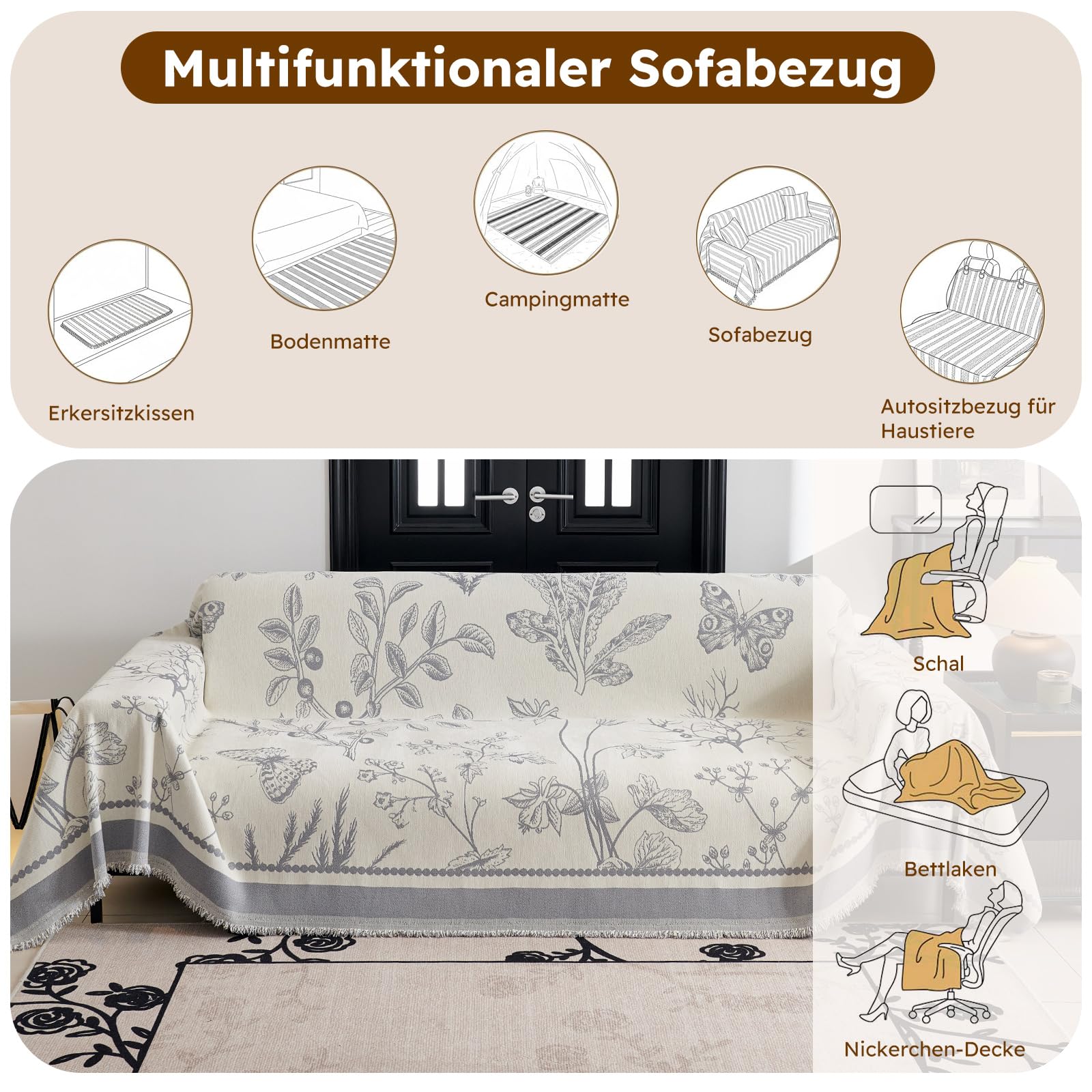 Decke für Sofa, Multifunktionsdecke, Sofa überwurfdecke, Überwurf aus Chenille, für Vier Jahreszeiten, Couch Decke 180 * 260cm-Grau