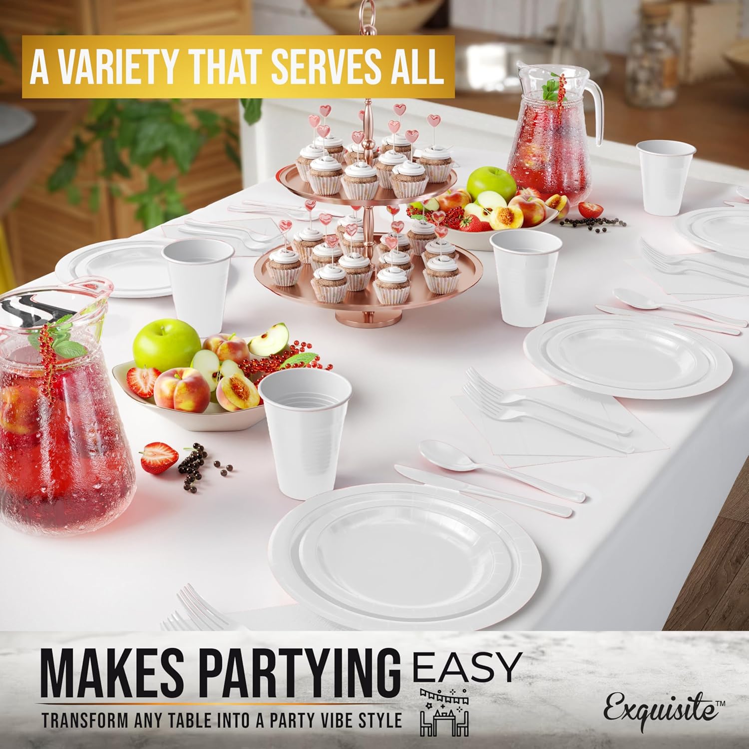 Party Solids 222 Pcs White Paper Plates and Napkins Sets, Disposable Plates For Party, Lunch & Cocktail Napkins Paper, 18oz Plastic Cups, Cutlery and White Table cloth Plastic Dinnerware Set
