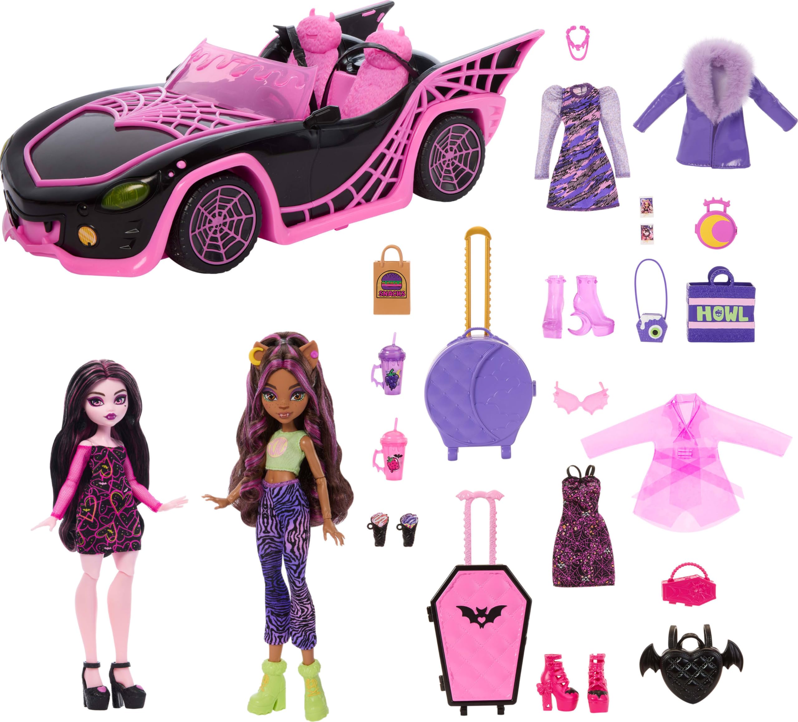 Monster High Eeekend Getaway zestaw do zabawy z lalkami Draculaura i Clawdeen Wilk, pojazd i 20+ akcesoria