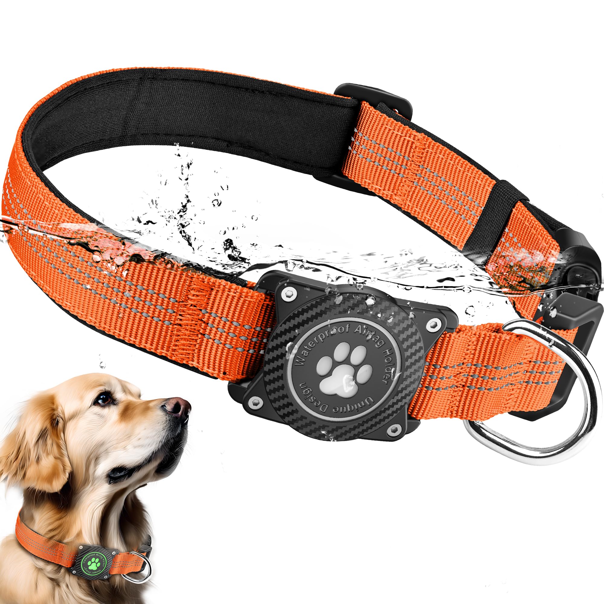 OKVSKO Airtag Dog Collar, Waterproof Air Tag Holder Dog Collar, Luminous & Reflective, Comfortable Padded, Adjustable Pet Collar for Small Medium