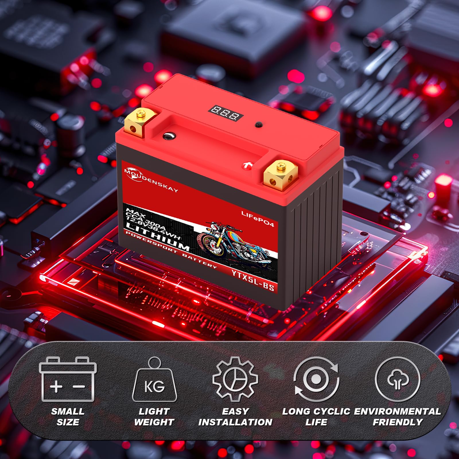 Akumulator litowy do motocykla, 12 V, akumulator litowy Powersports z BMS i wyświetlaczem 12,8 V, 3 Ah, 230 ~ 250 CCA 38,4 WH YTX5L-BS LiFePO4, akumulator rozruchowy do motocykli, ATV, UTV