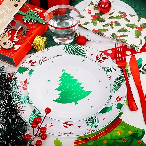 Miniatura 5 de Festiva 176Pcs Christmas Plastic Plates Heavy Duty- Christmas disposable Dinnerware Set-include 50Plates 25Plastic Silverware 25Cups 25Holly Berry