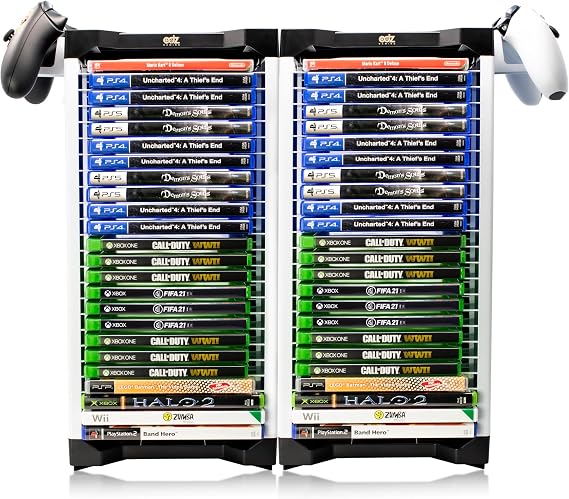 ADZ Universal Game Holder 46 Game Storage Tower Rack for PS2 PS3 PS4 PS5 PSP Xbox 360 Xbox One Series X Wii Switch Games DVD and Blu-Ray Disks. Includes 2 Controller Mounts (White)
