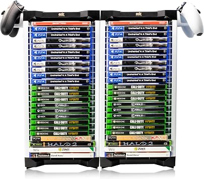 ADZ Universal Game Holder 46 Game Storage Tower Rack for PS2 PS3 PS4 PS5 PSP Xbox 360 Xbox One Series X Wii Switch Games DVD and Blu-Ray Disks. Includes 2 Controller Mounts (White)