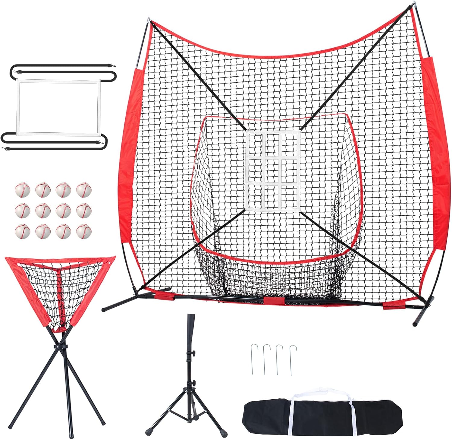Happybuy 7x7 ft Baseball Softball Practice Net, Portable Training Net for Hitting, Pitching & Catching, Backstop Equipment with Bow Frame, Carry Bag, Tee, 12 Balls