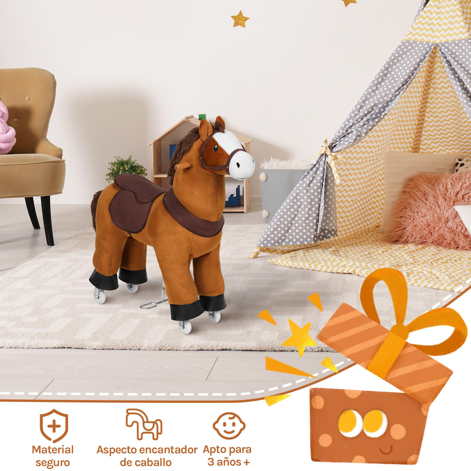 WOLTU Caballito con Ruedas para Niños de 3 Años, Caballo de Peluche para Montar con Sonido, Juguete Infantil en Madera y Metal, Color Marrón
