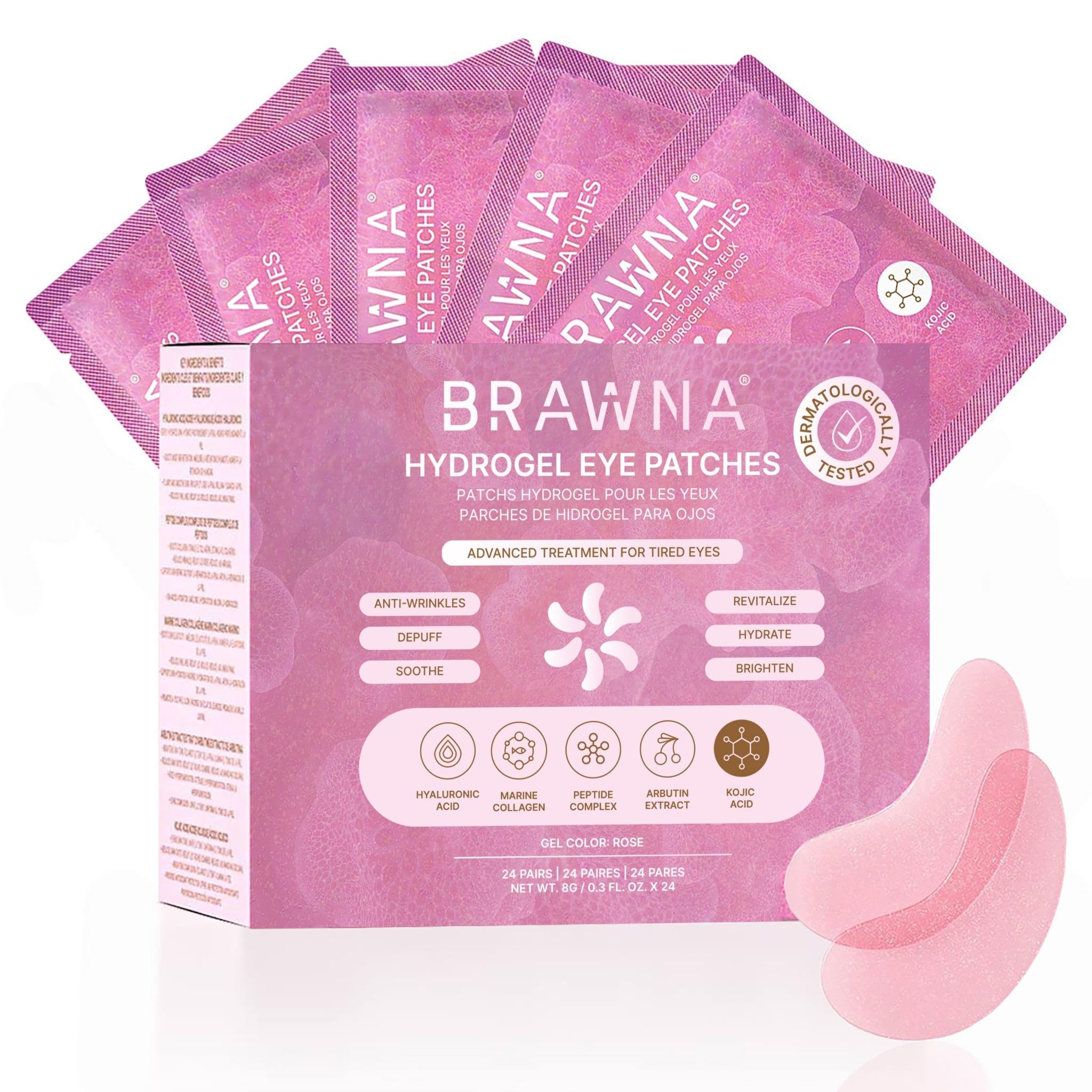 BRAWNA Under Eye Patches Hydrogel Masks with Collagen Peptides Kojic Acid For Puffy Eyes Fine Lines Dark Circles