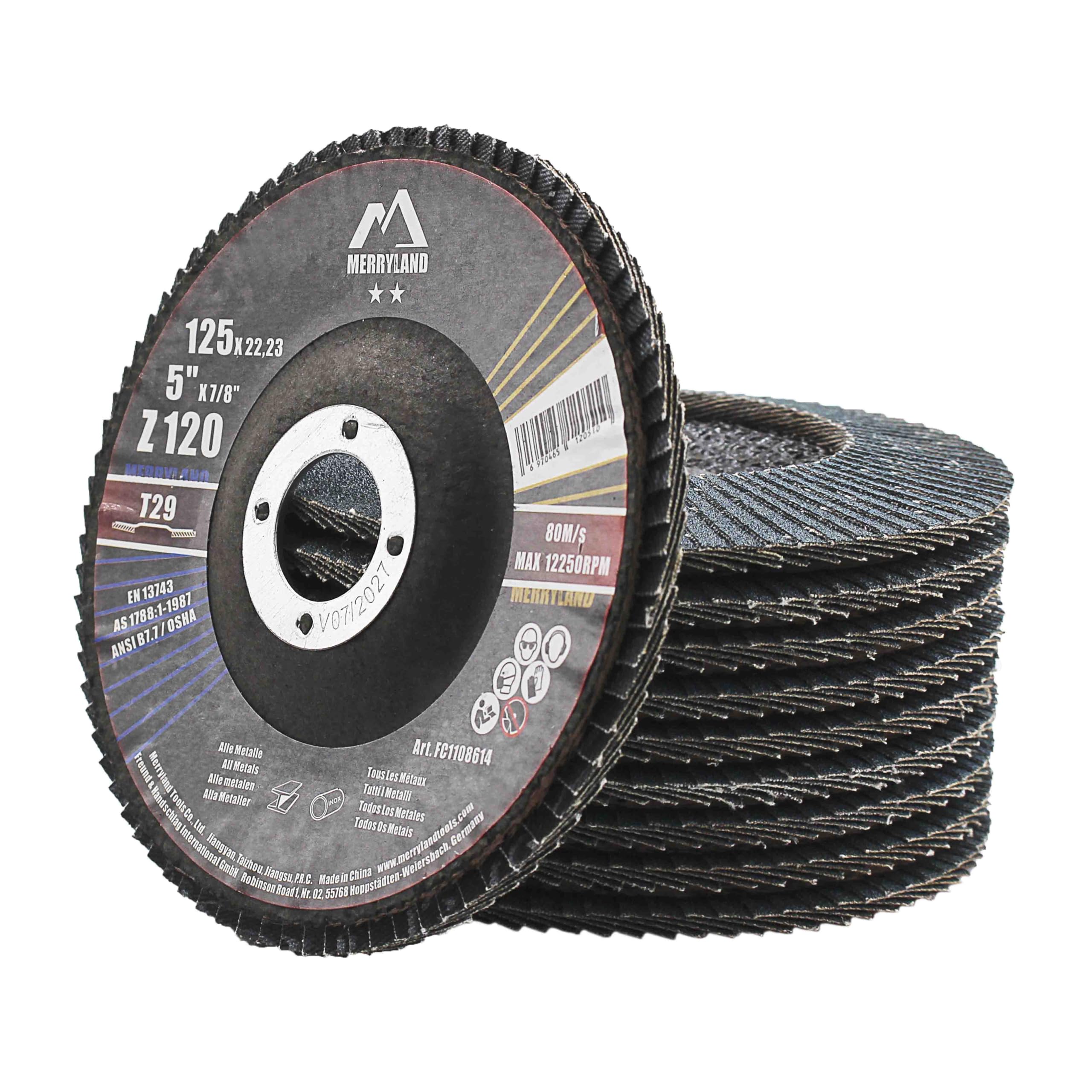 Merryland Flap Disc 5 inch Metal for Angle Grinder, 5inch 120 Grit T29 Flap Wheel 10 Pack, Blue Zirconium Corundum INOX Stainless Steel Iron Universal