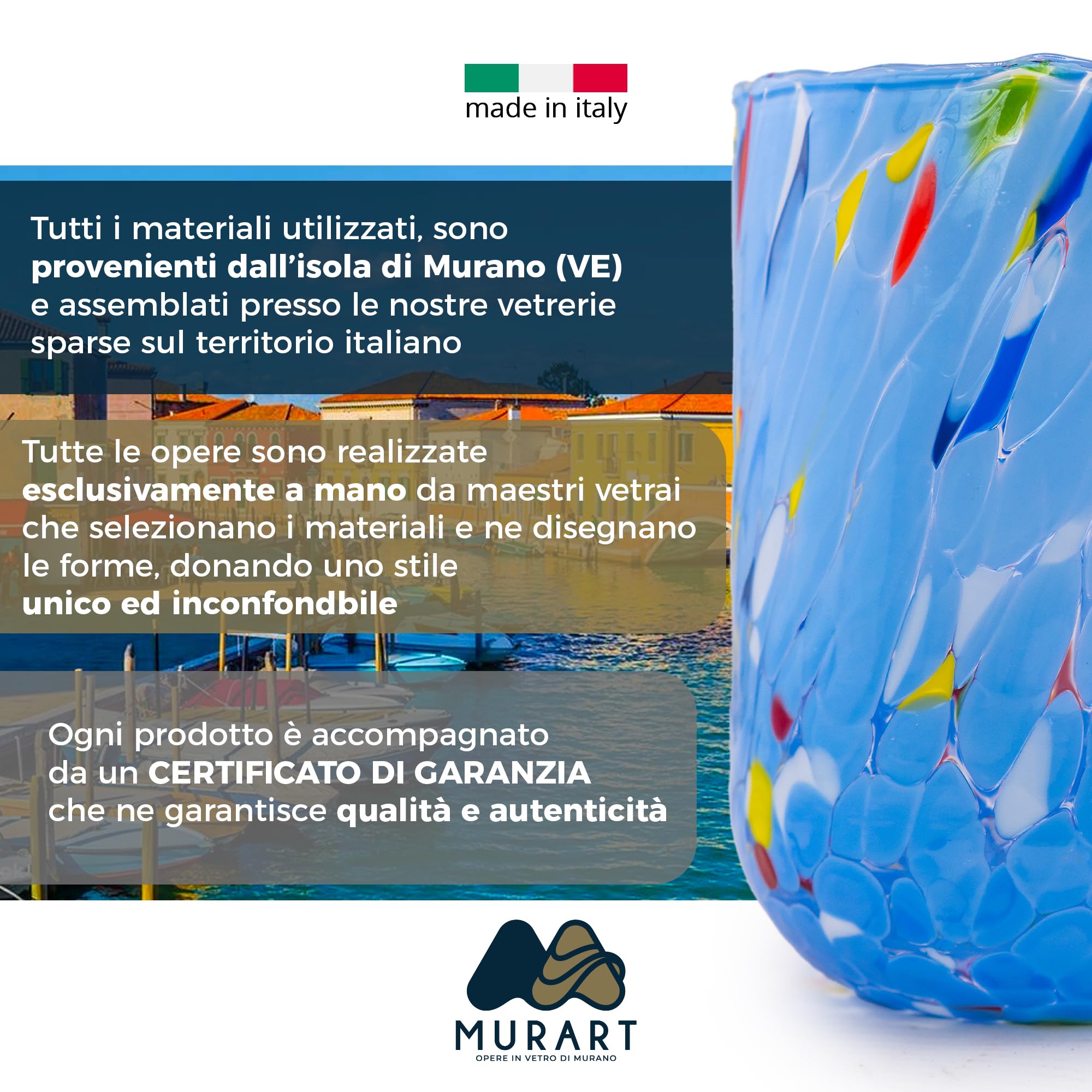 MurArt Juego de 6 vasos de agua bígaro de 400 ml de cristal soplado a mano de elaboración artesanal, colección Eleganza, fabricado en Italia
