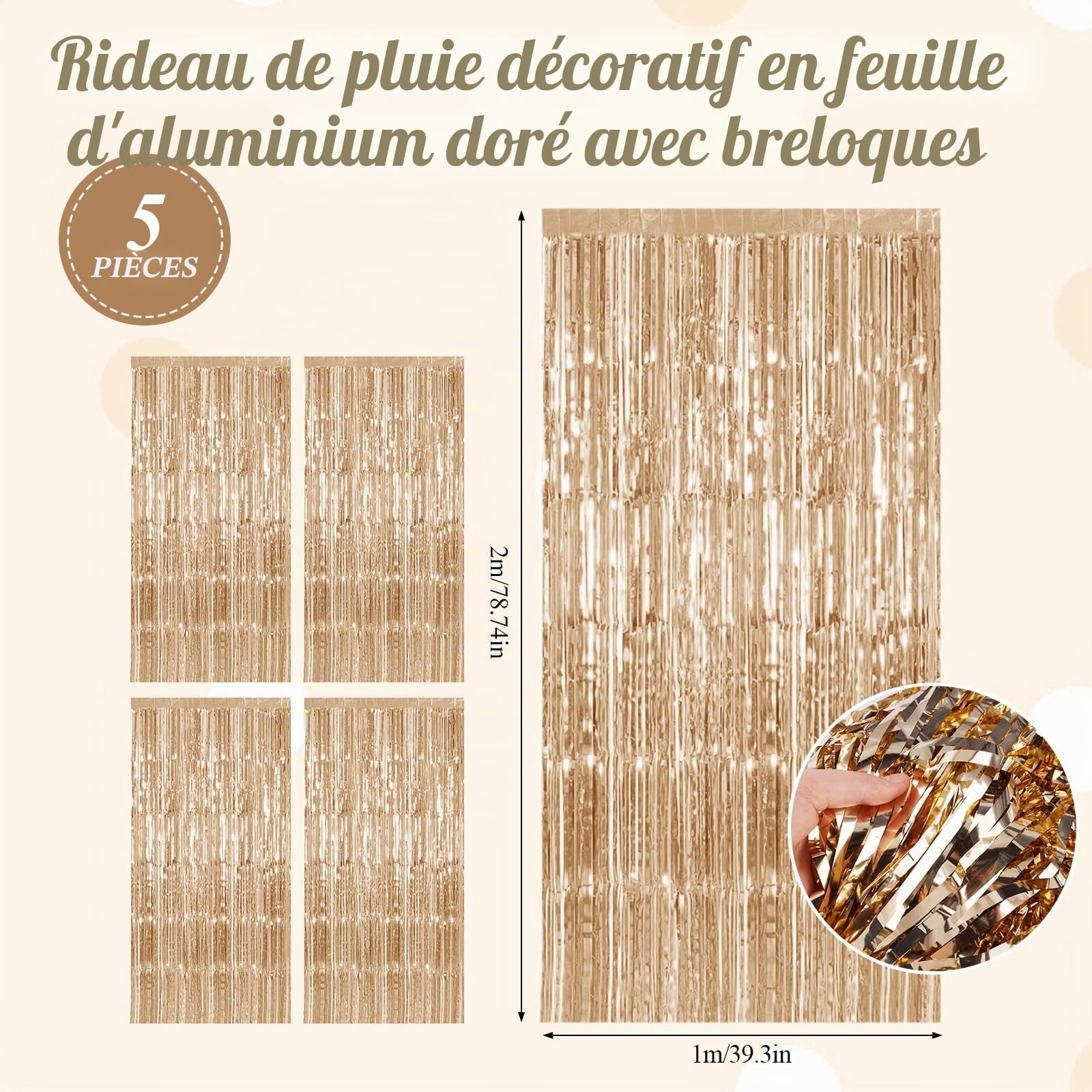 5 Pièces Rideau Anniversaire Or Champagne, Rideau Métallique de Frange, Rideaux Paillettes à Franges, Scintillants Rideaux à Franges, pour Decoration Anniversaire, Fête, Mariage, Noël (1m x 2m)