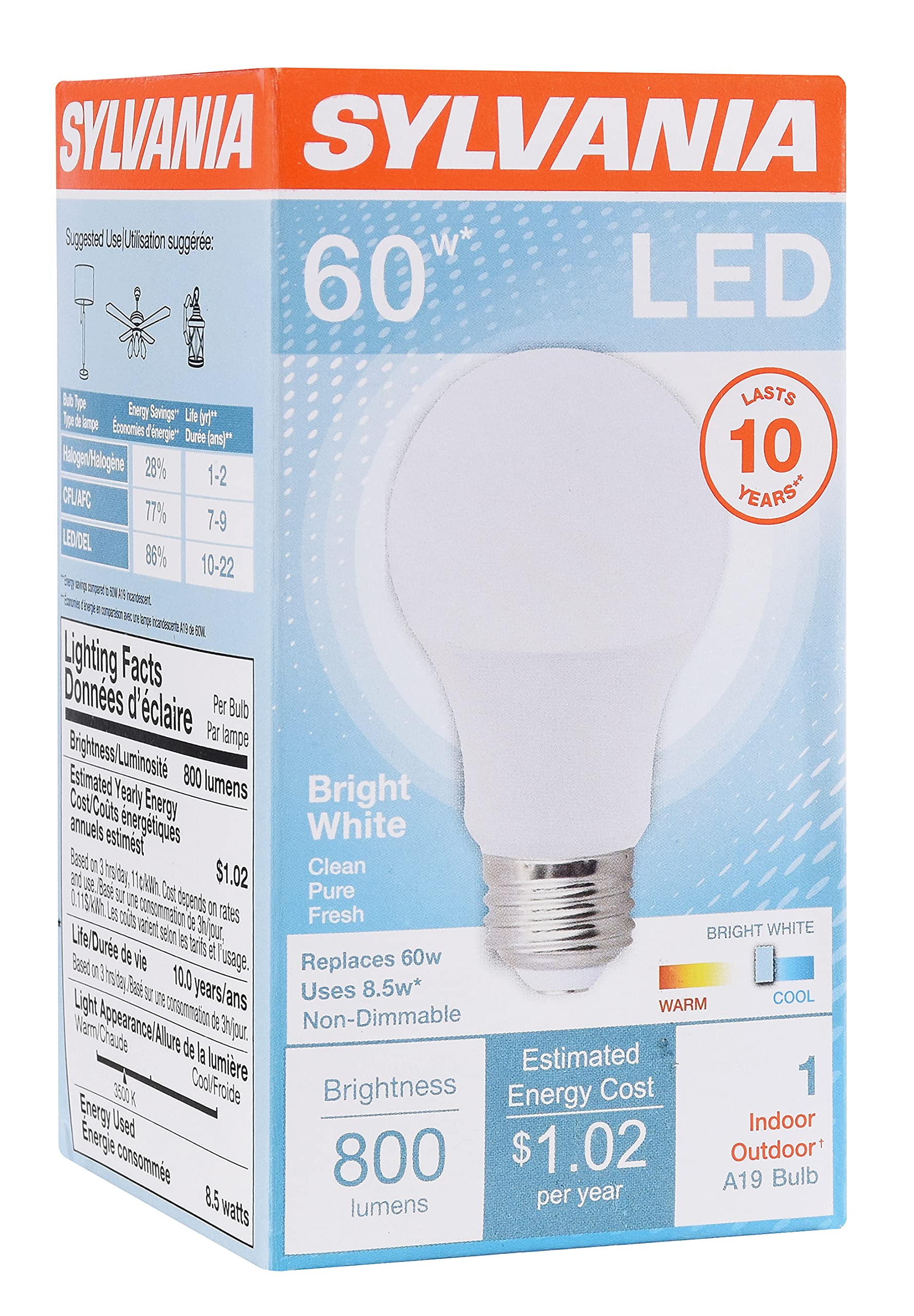 Sylvania LED Light Bulb 60W Equivalent A19 Efficient 8 5W Medium Base Frosted Finish 800 Lumens Bright White
