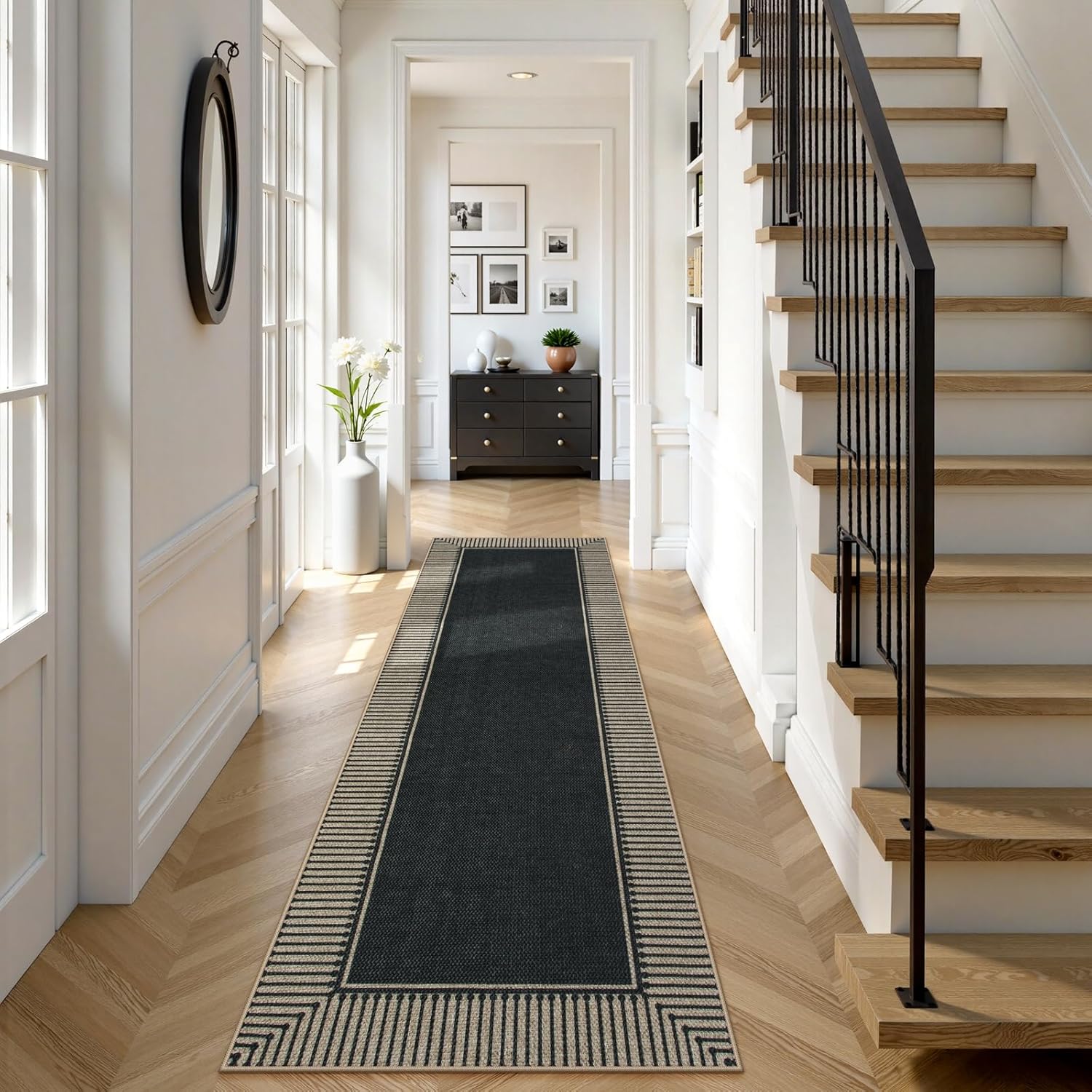 Moynesa Washable Black Striped Border Easy Jute Runner Rugs 2.5x8, Entryway Rug Runners for Kitchen, Farmhouse Indoor Outdoor Non Slip Carpet for Hallways Bathroom Bedroom Laundry