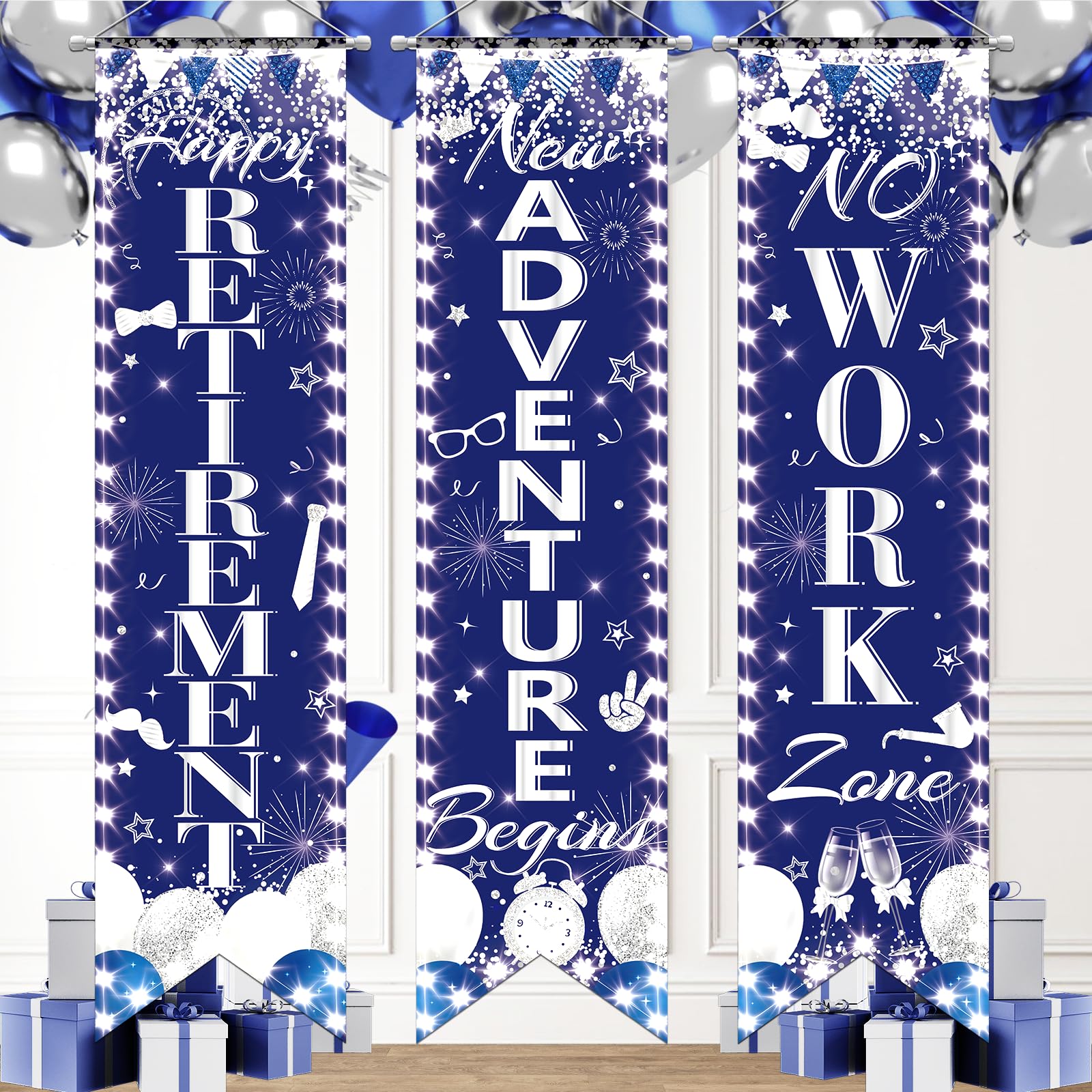 3Pcs Retirement Porch Sign Door Hanging Banner Blue Silver Happy Retirement Banner New Adventure Begins No Work Zone Door Sign Background for Men