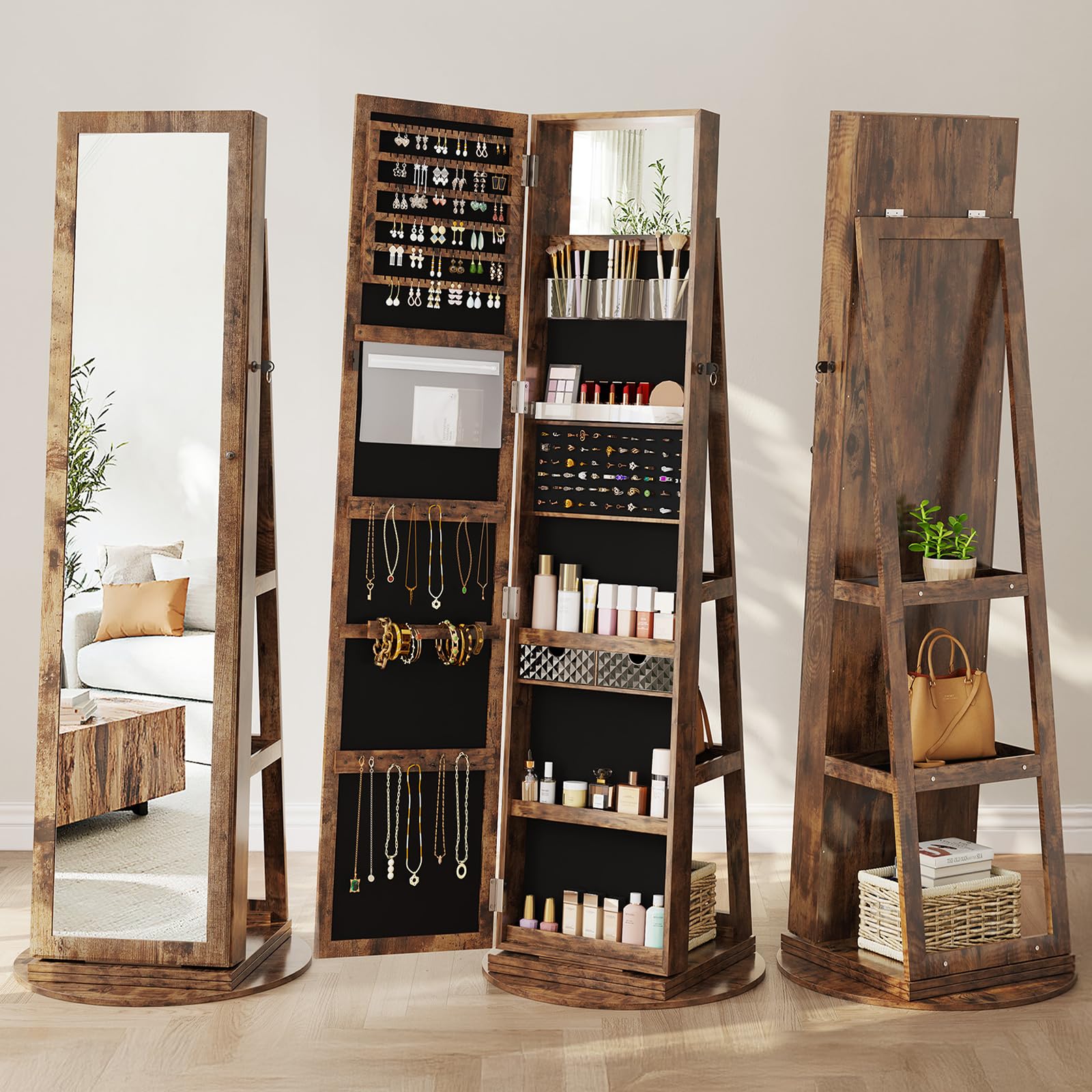 Dripex Rustic Brown Jewelry Organiser Mirror Wardrobe, 360° Swivel Jewelry Storage Wardrobe, Lockable, 3 in 1 Free Standing Mirror with Storage Shelves