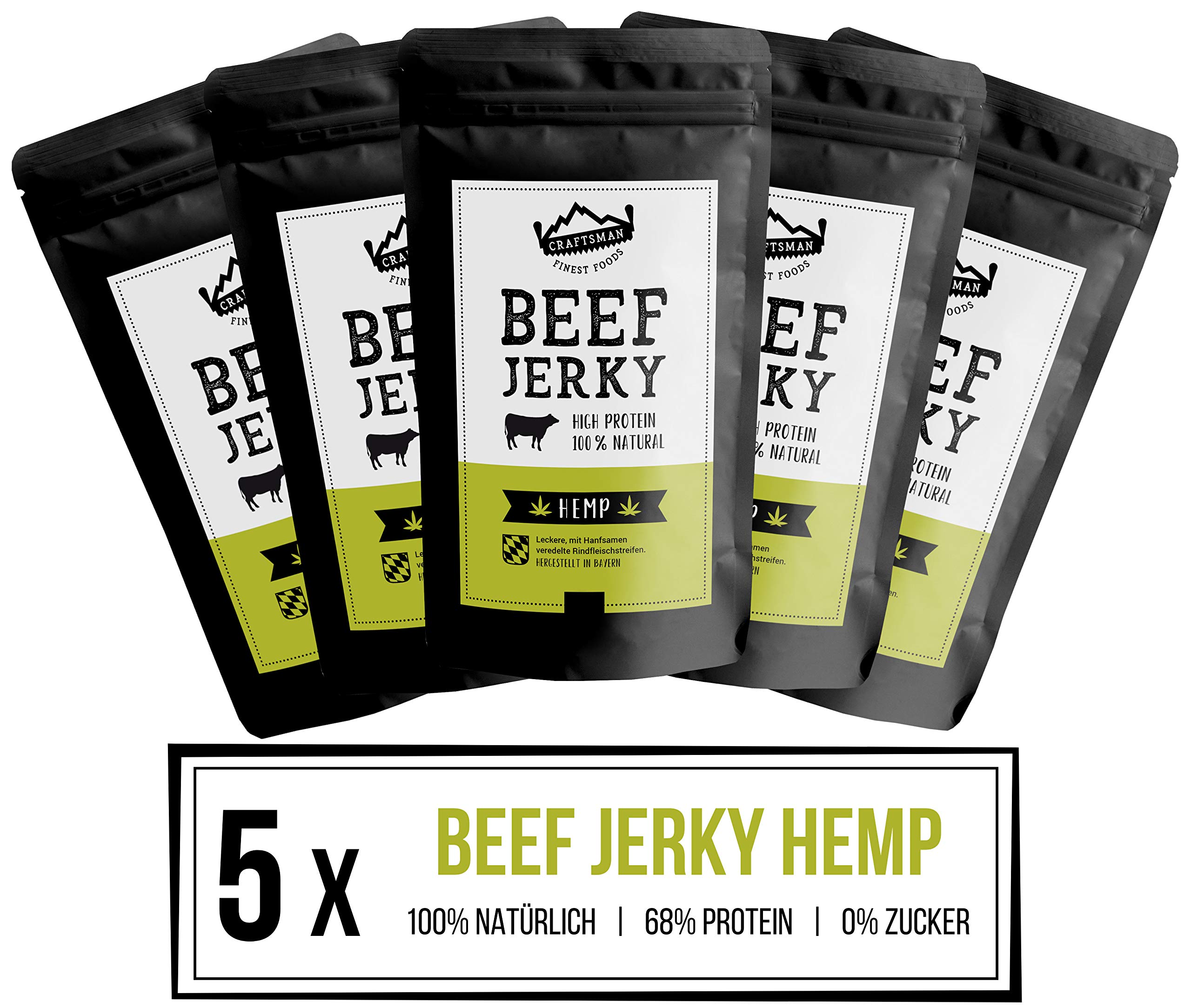 Craftsman Beef Jerky Hemp | 5 x 100 g = 500g | 100% Natürlich | Ohne Zucker | Trockenfleisch aus Deutschland - Bayern | Weiderind | 68% High Protein | mit Hanfsamen