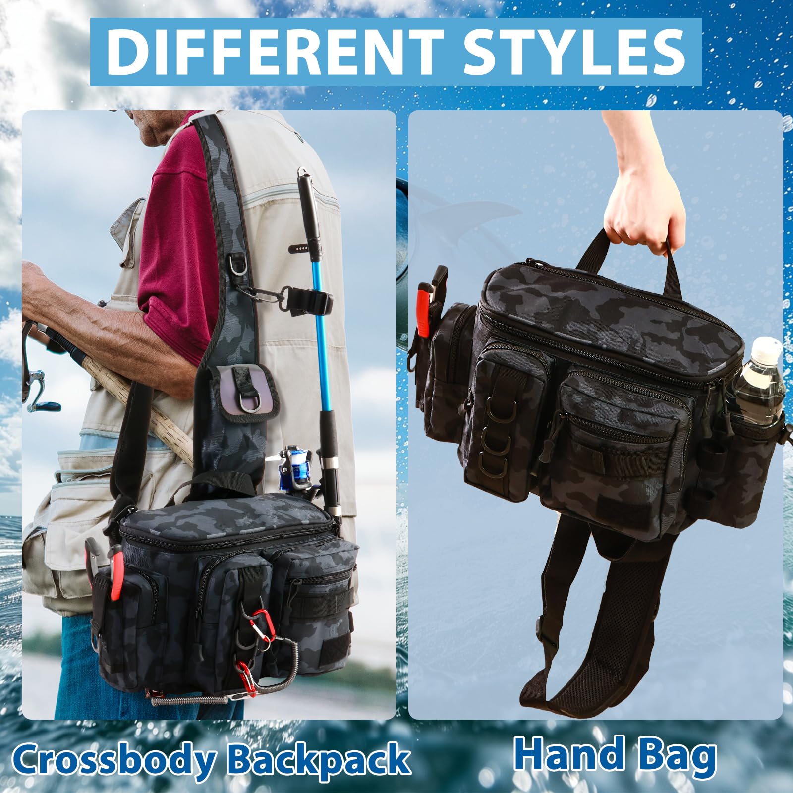 Aertiavty Kompakte Angelausrüstungstasche, Angeltasche mit Angelbox und Rutenhalter, Outdoor-Sport, Angelrucksack