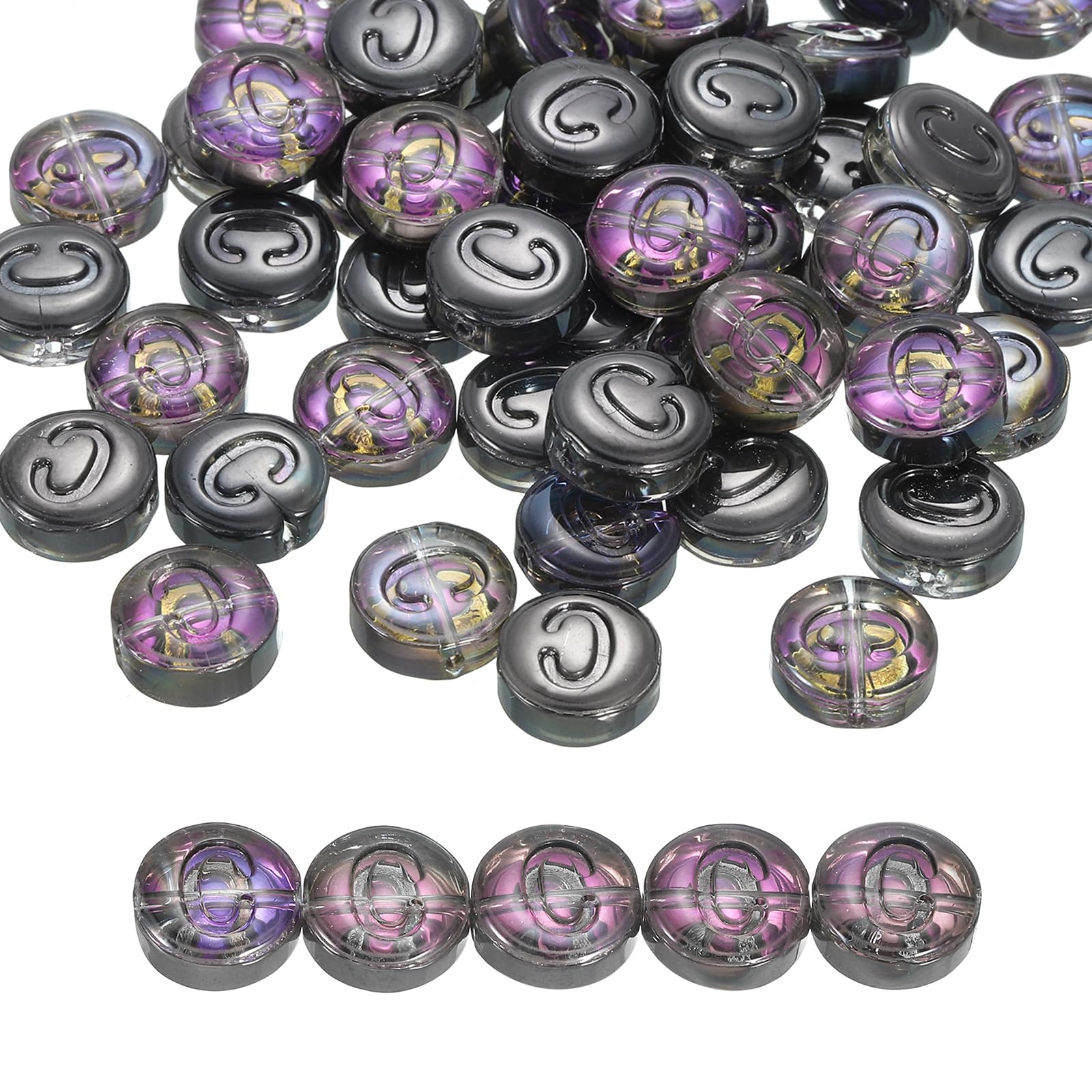 QUARKZMAN 60 Stück Buchstabenperlen für Armbänder, 10mm Runde Buchstaben C Perlen zum Auffädeln Glasperlen für Armbänder Selber Machen Halskette Ohrring Schmuckherstellung, Schwarz Lila