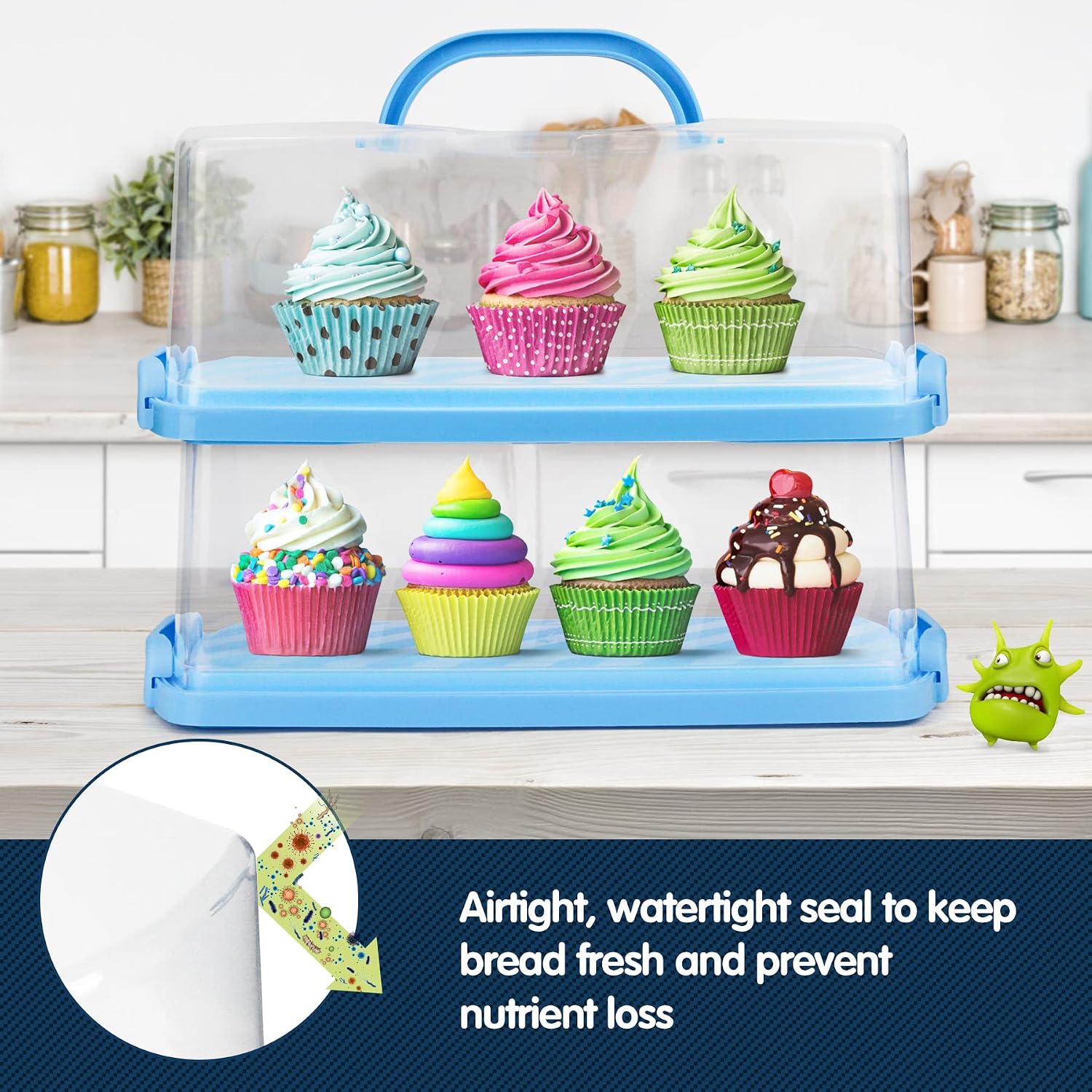2-Pack Plastic Rectangular Bread Box with Clear Lid, Loaf Cake Keeper, Portable Bread Keeper Storage Container with Handle (Blue)