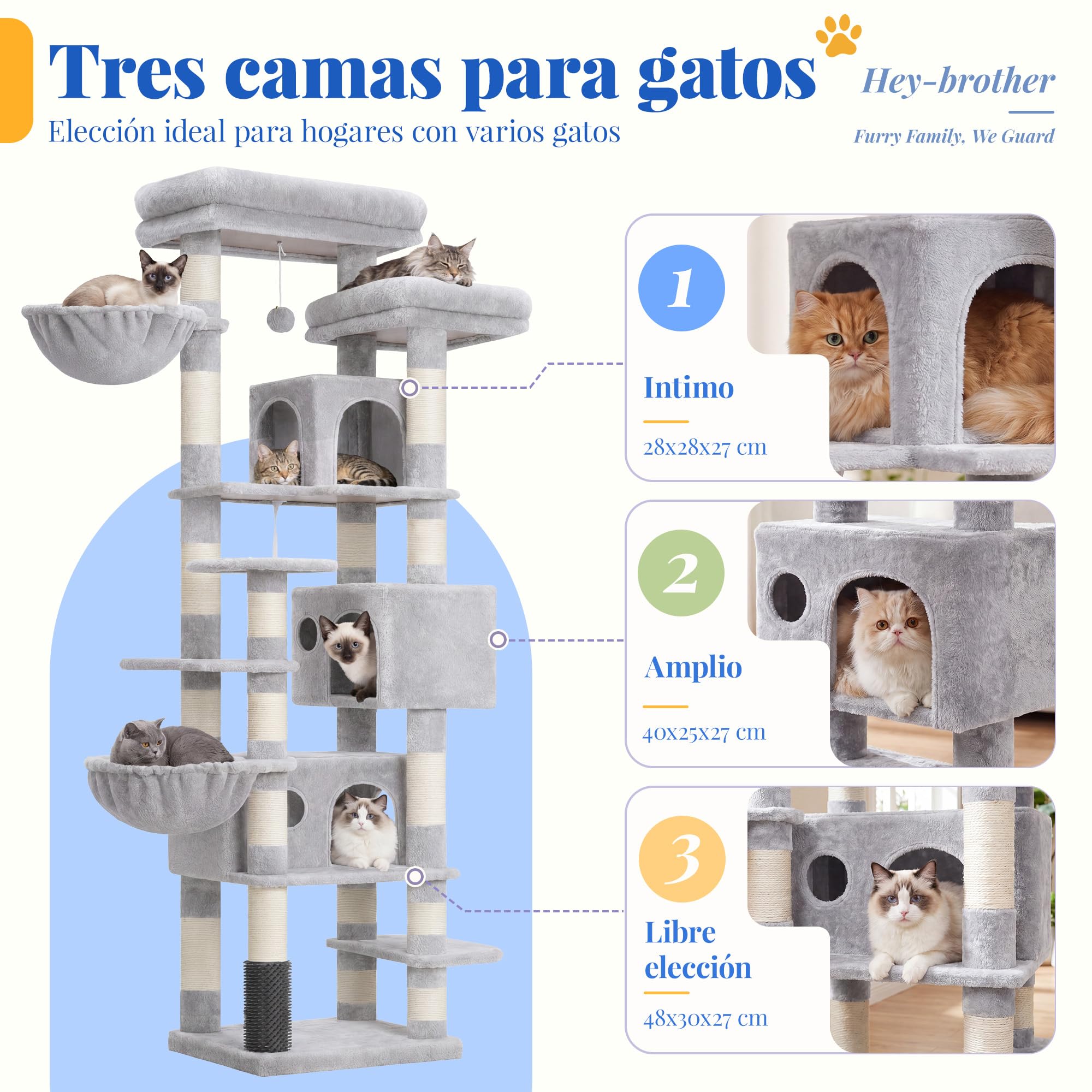 Hey-brother Árbol para Gatos Rascador XXL, Torre de Gatos Multi - Nivel de 188 cm de Altura,con 2 Grandes Plataformas, 3 Cuevas y 2 Cestas, Gris Claro 0EMPJ035-MW