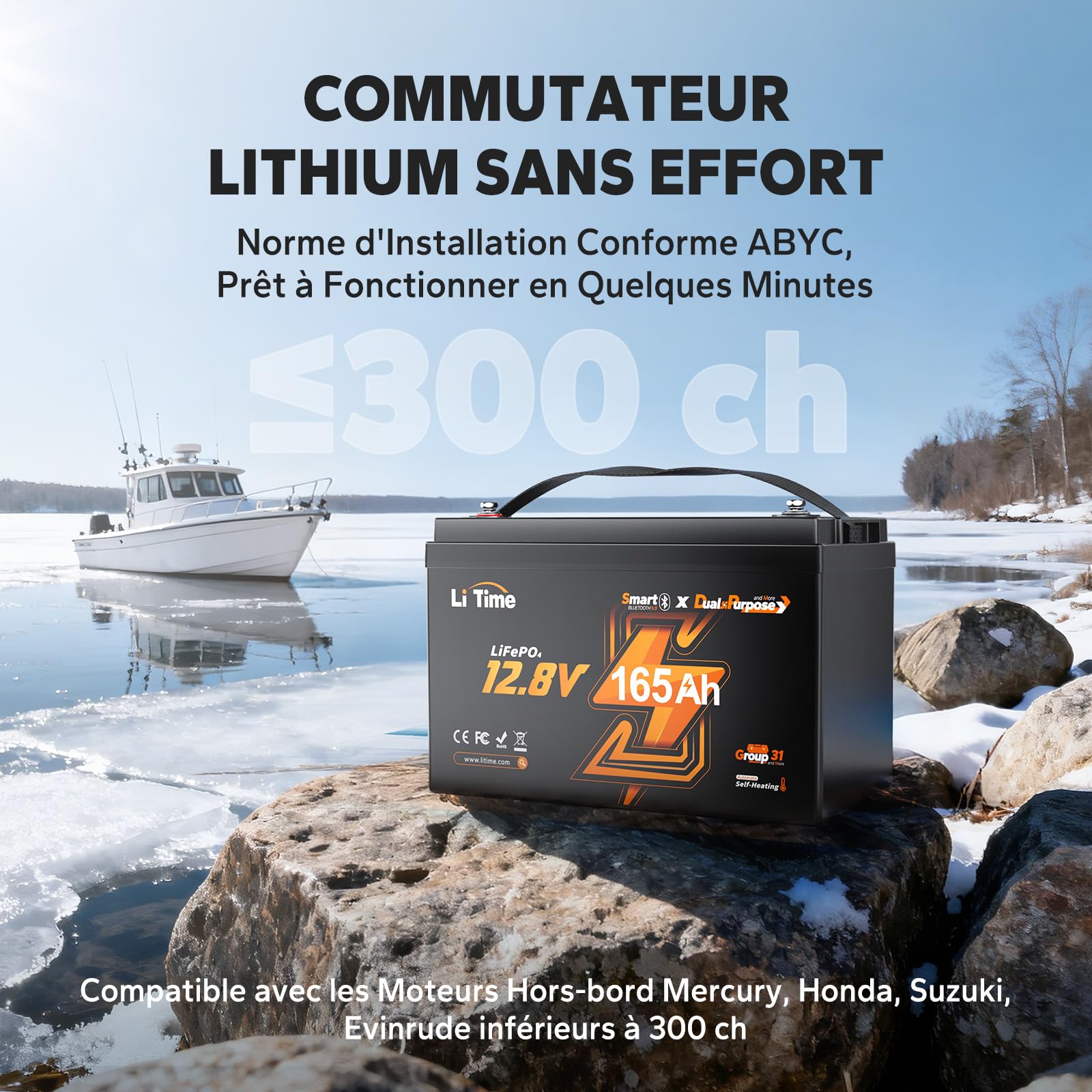 LiTime 4 Pcs Batterie Lithium 12V 165Ah LiFePO4 avec Démarrage pour Bateaux