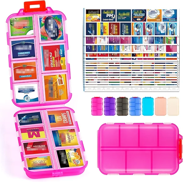 PILABEL Travel Pill Organizer with Bulk Stickers & Labels - Small & Portable Daily Medicine Pharmacy for Pocket, Bag - 14-Compartment Foldable Supplement Box Holder for Fish Oil Vitamin - Clear Pink
