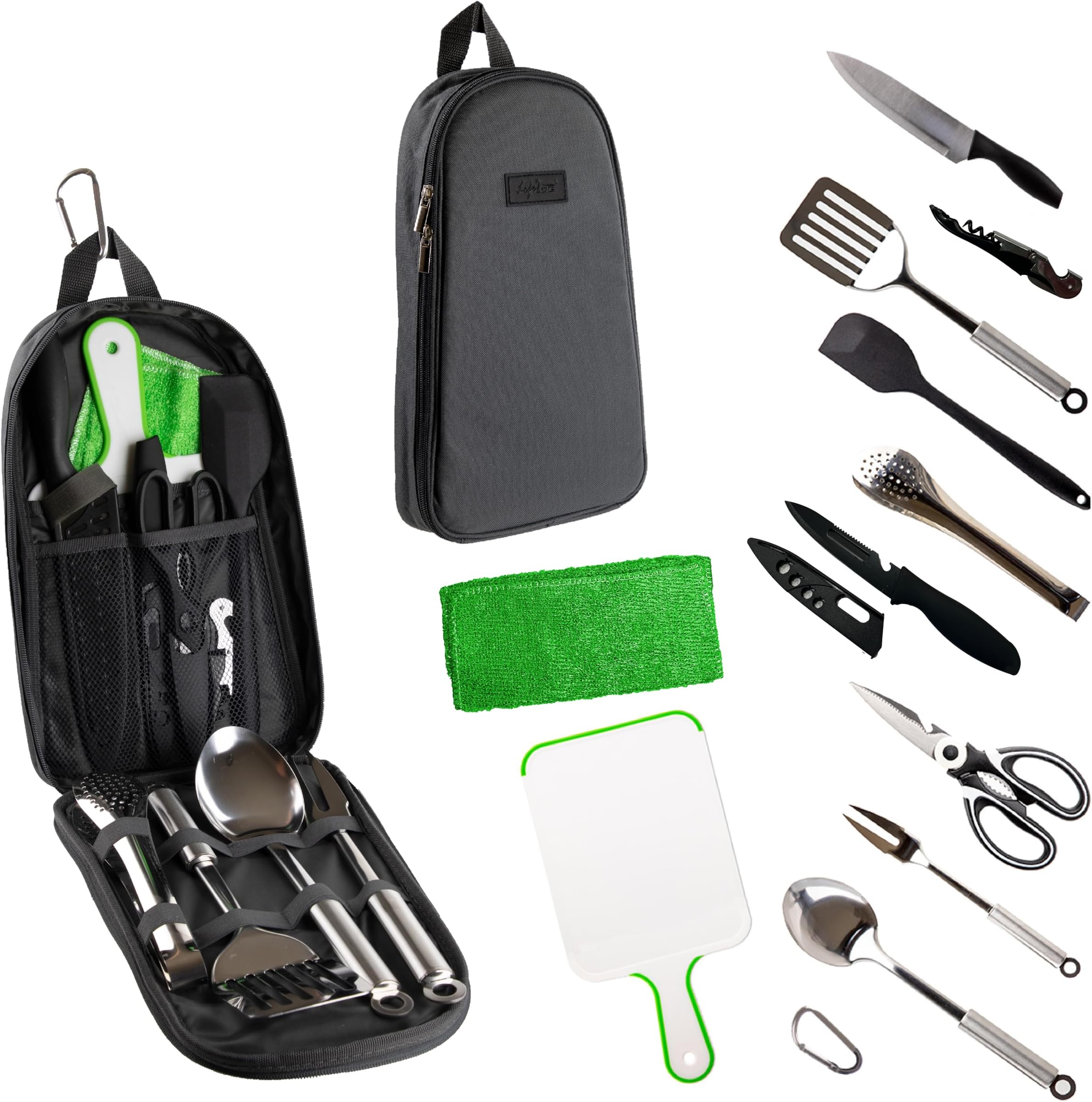 Life2Go 12 Piece Stainless Steel Camping Cooking Utensils Set, Portable Outdoor Kitchen Kit with Chef Knife, Tongs, Spatula, Scissors, Camp Cooking Gear with Carry Case for Hiking, BBQ & Travel, Gray