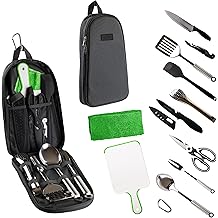 Life2Go 12 Piece Stainless Steel Camping Cooking Utensils Set, Portable Outdoor Kitchen Kit with Chef Knife, Tongs, Spatula, Scissors, Camp Cooking Gear with Carry Case for Hiking, BBQ & Travel, Gray