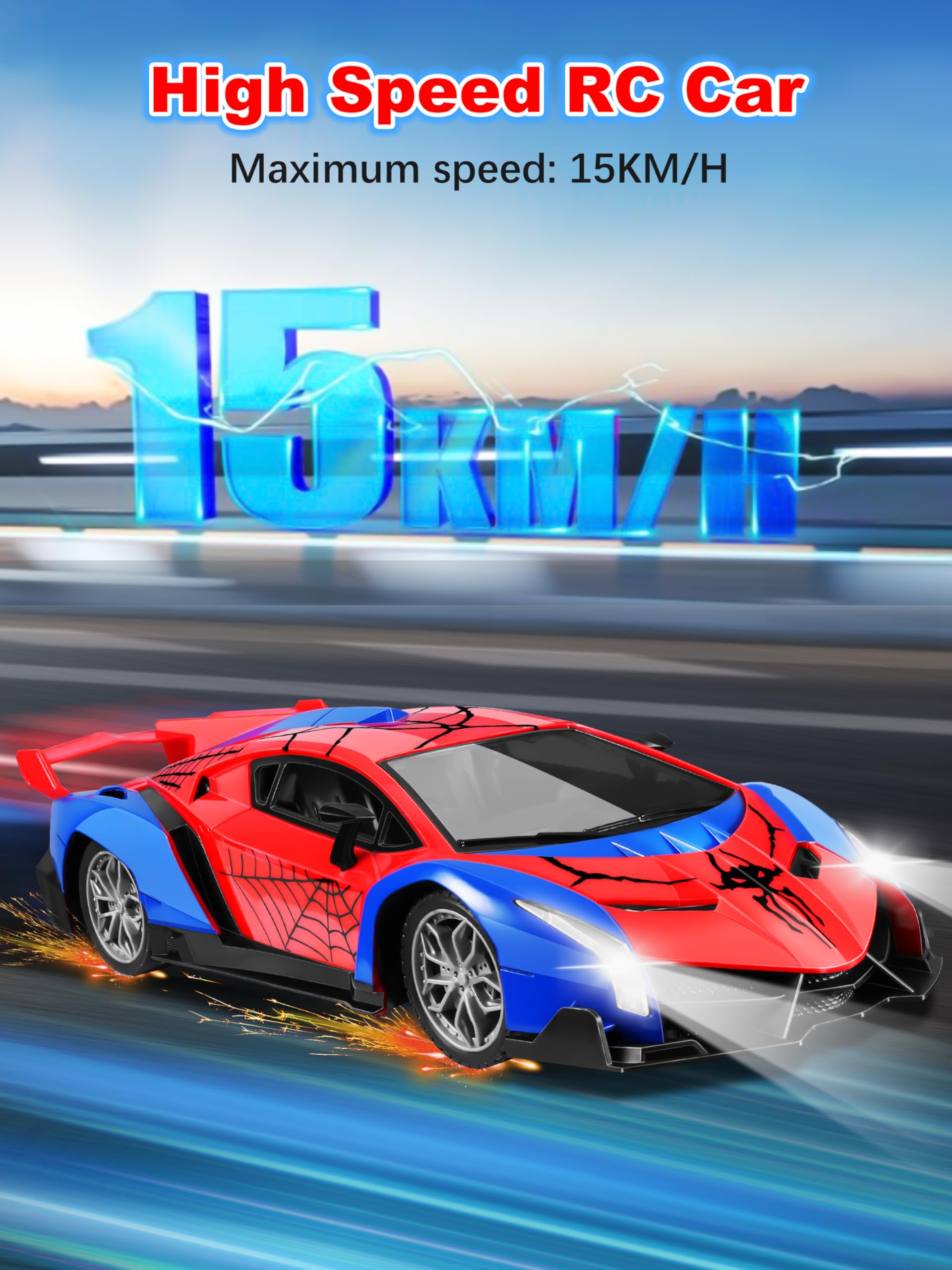 Kssvzz Auto Telecomandata, Spider Auto Radiocomandata da Corsa Veloce con Luci, Macchinine Giocattolo per Bambini 3 4 5 6 7 8 9 Anni Regalo Giochi Esterno Gioco