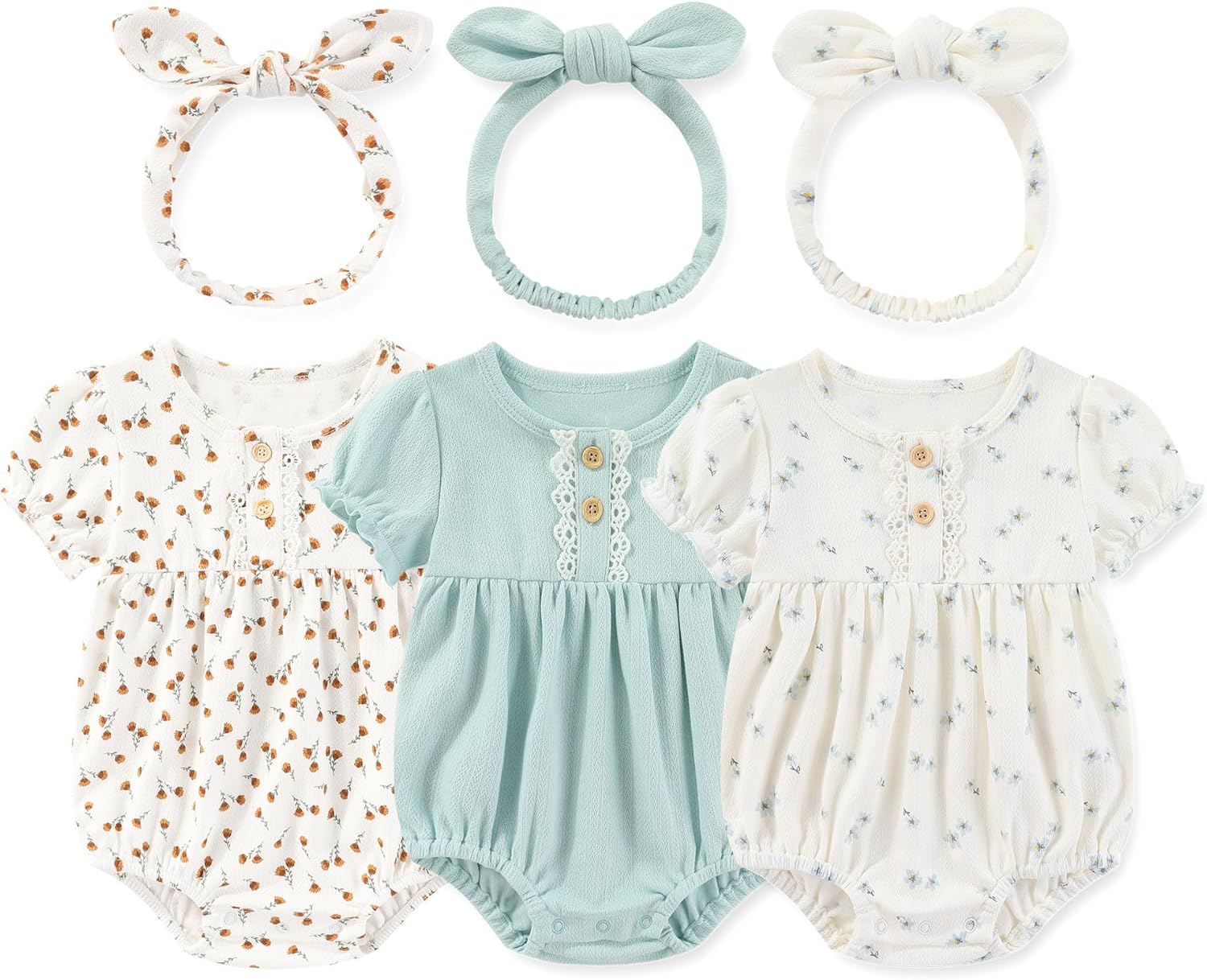 MAMIMAKA Newborn Baby Girl Clothes Cotton Bubble Romper Floral Short Sleeve Bodysuit 3 Pack