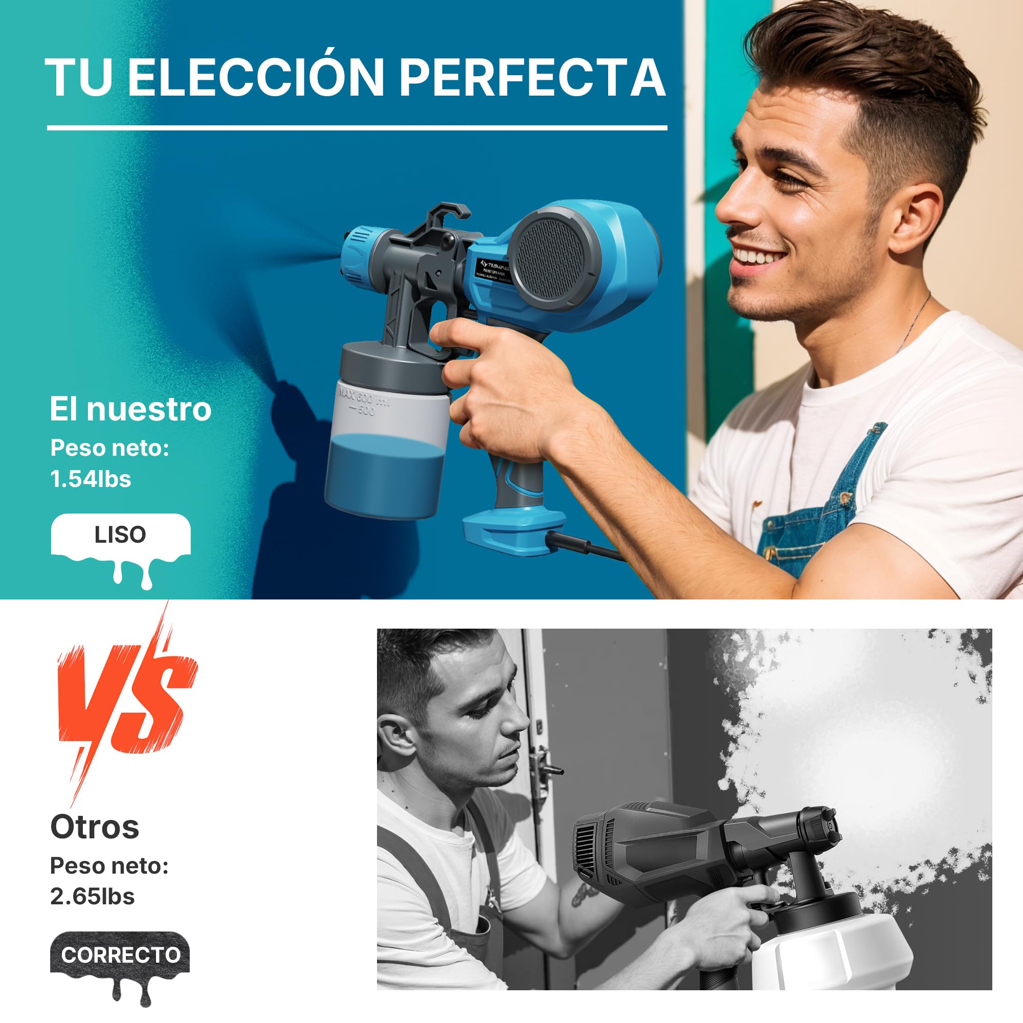 Tilswall Pistola Pintura Alien500 Ideal para Principiantes, Eléctrico Pistola de Pintura Ultraligera Fácil de Usar y Limpiar, Multiusos con 4 boquillas y 3 Patrones para Paredes y Techos