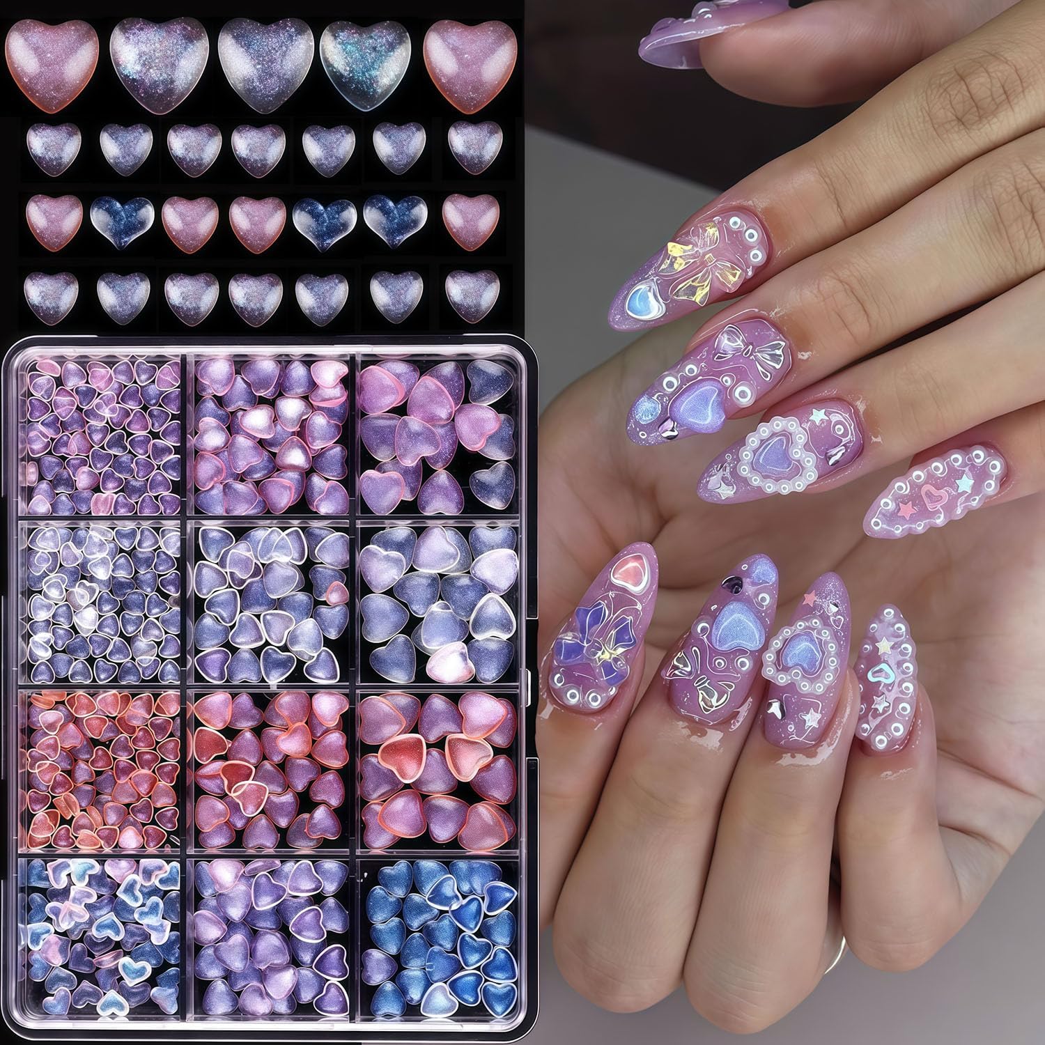 12 Grid Valentines Heart Nail Art Charms Colorful Heart Nail Rhinestones Flat Back Cute Love Nail Jewelry Valentine Design Nails Charms for Acrylic Nail Supplies, Women DIY Craft Manicure Decoration