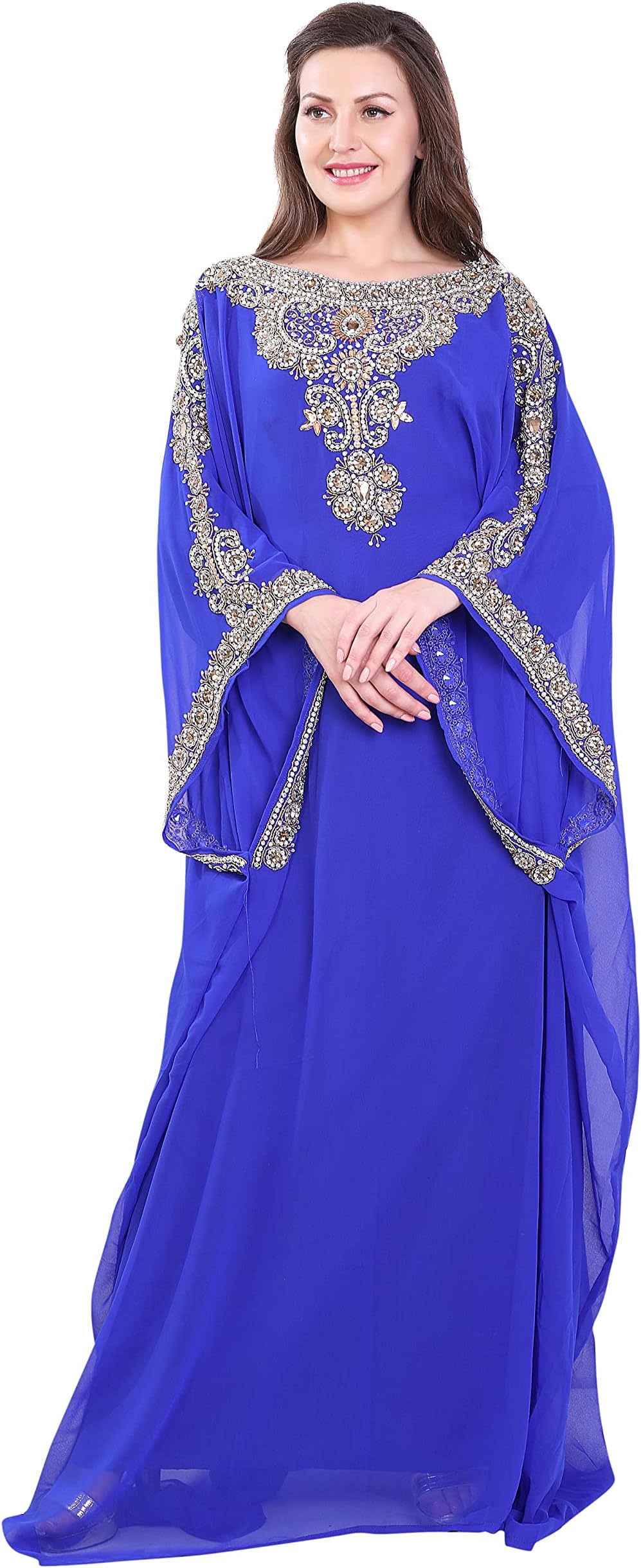Women Farasha Embroidered Kaftan Long Dress Faux Georgette Ethnic, Evening, Bridal, Party, Dress with Free Scarf, Royal Blue