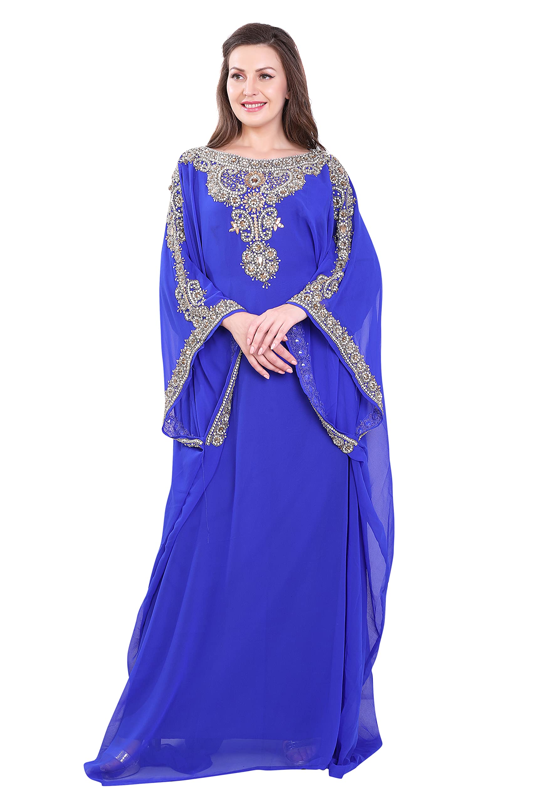 Women Farasha Embroidered Kaftan Long Dress Faux Georgette Ethnic, Evening, Bridal, Party, Dress with Free Scarf, Royal Blue