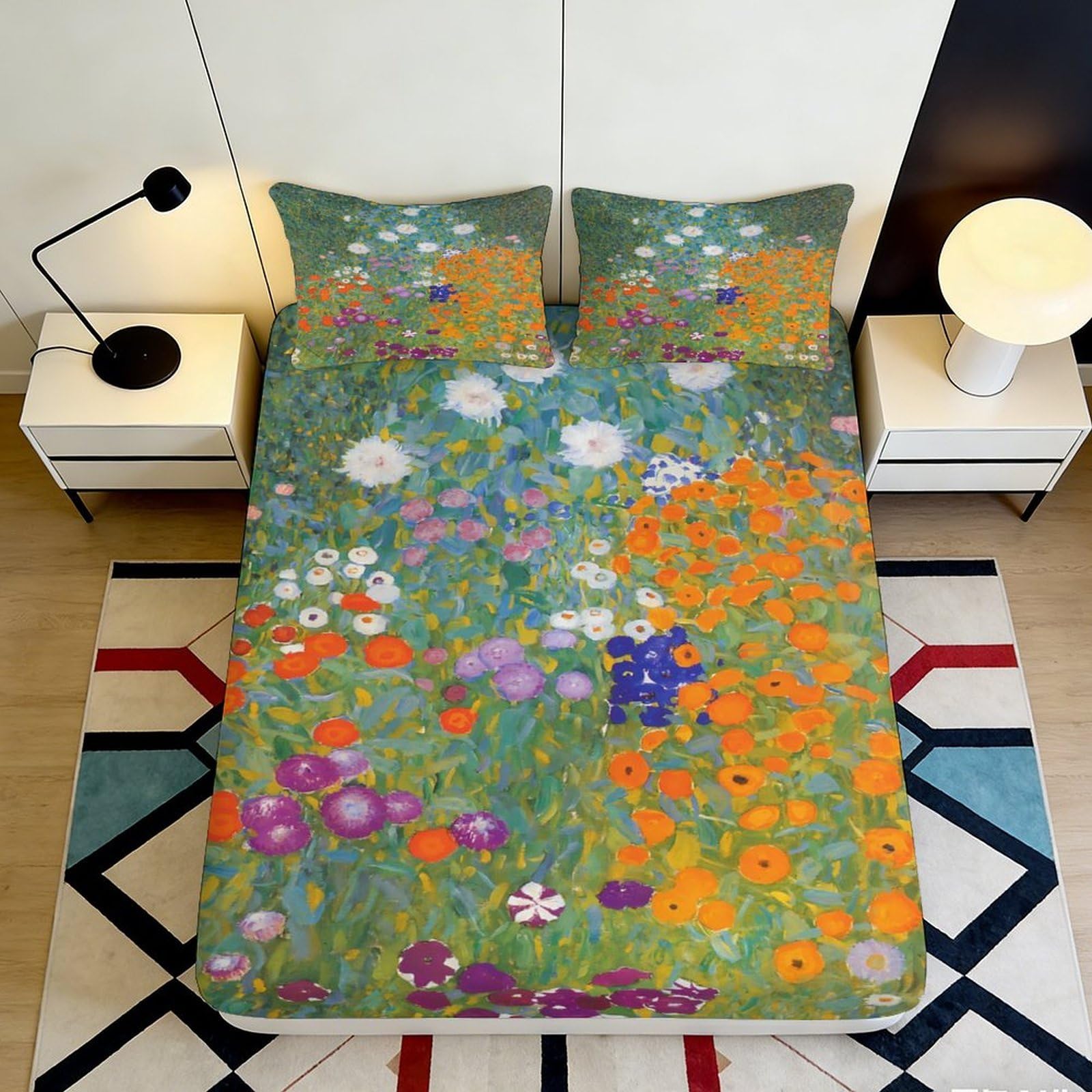 3D Printed Wildflower Garden Fitted Sheet Microfiber Soft Breathable Meadow Blossom Mattress Cover for Bedroom Dorm Decor 90x200x25cm