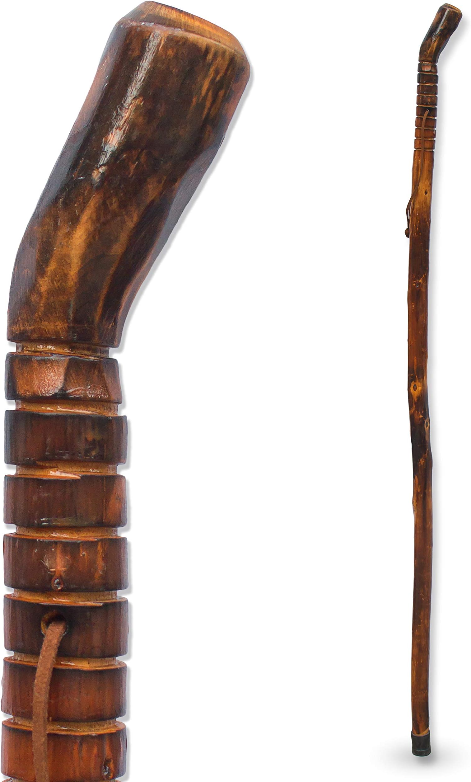 Nature Wood Walking Stick - Wooden Hiking Stick and Trekking Pole with Leather Wrist Strap