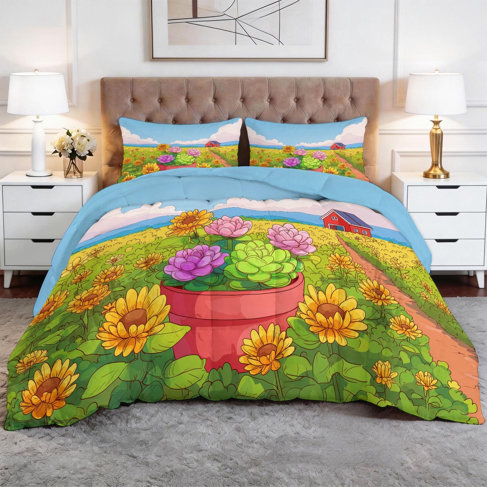 Generisch Sonnenblumenfeld Scheune Bettdecke 220 x 240 cm 4 Jahreszeiten Steppdecke, Cartoon Waschbare Ganzjahresdecke Kinder Bettwaren Set Kinderzimmer Schlafzimmer Bettdecke Ohne Bezug