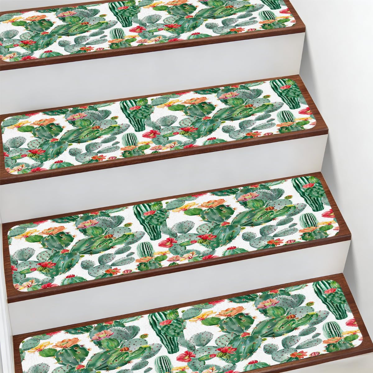 Alfombra para escaleras antideslizante que evita arañazos con diseño cactus