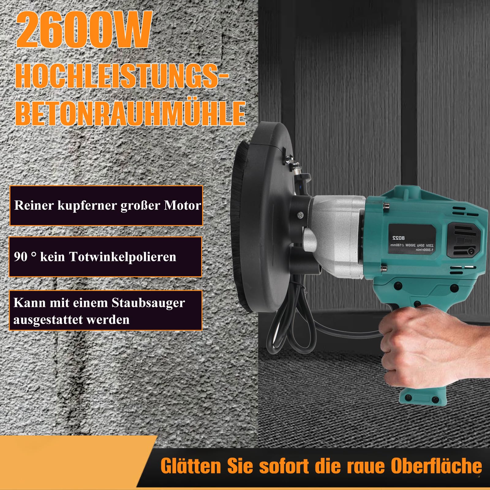 Zementschleifmaschine 2600W Schleifmaschine Set 3000r/min Betonschleifer Sanierungsfräse Betonfräse mit 180mm für Polieren von Zementwänden,Renovierung von alten Mauern,Polieren von Böden
